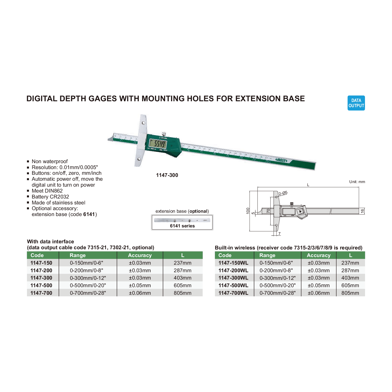 INSIZE Measuring Equipment Insize Digital Depth Gauge 0-300mm / 0-12" Range Series 1147-300