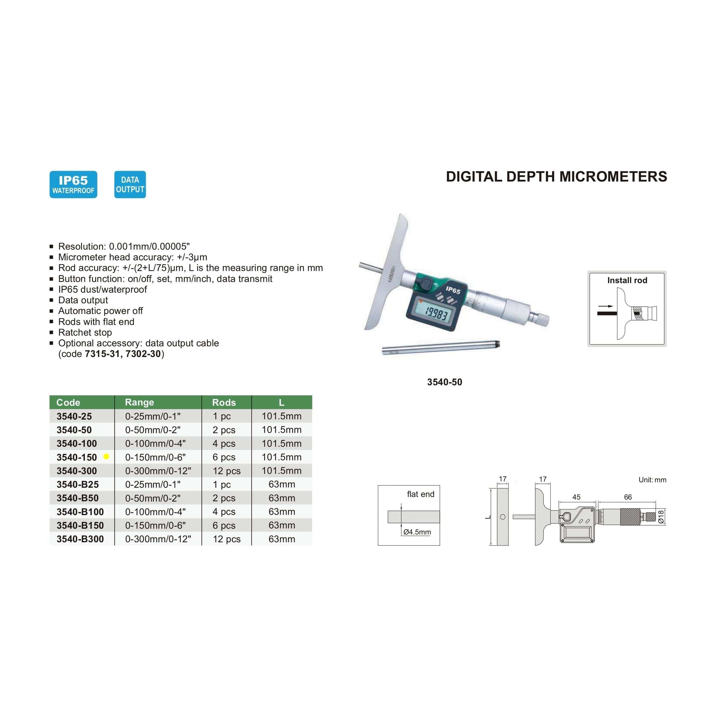 INSIZE Measuring Equipment Insize Digital Depth Micrometer 0-150mm/0-6" Range Series 3540-150