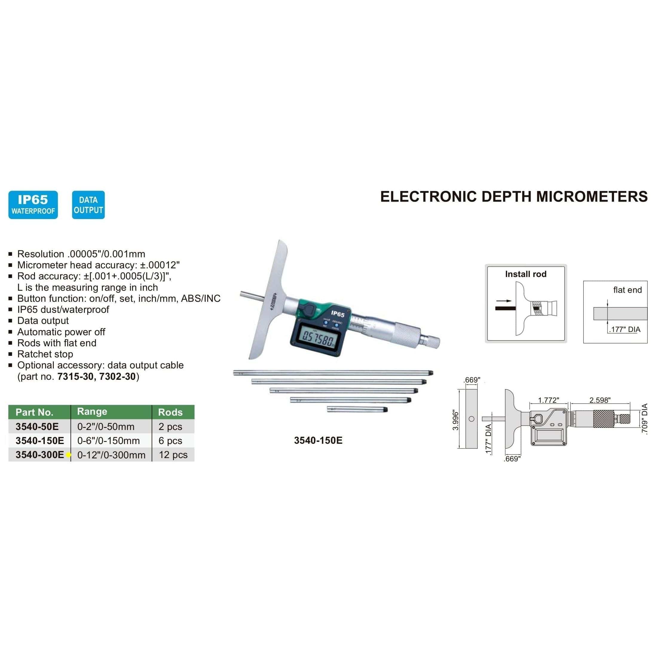 INSIZE Measuring Equipment Insize Digital Depth Micrometer 0-300mm/0-12" Range Series 3540-300E