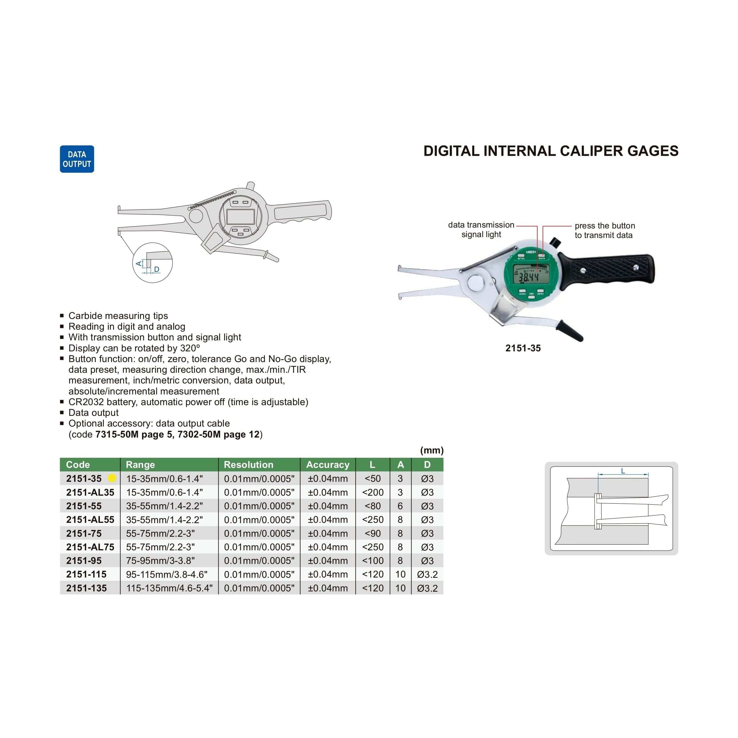 INSIZE Measuring Equipment Insize Digital Internal Caliper Gauge 15-35mm/0.6-1.4" Range Series 2151-35