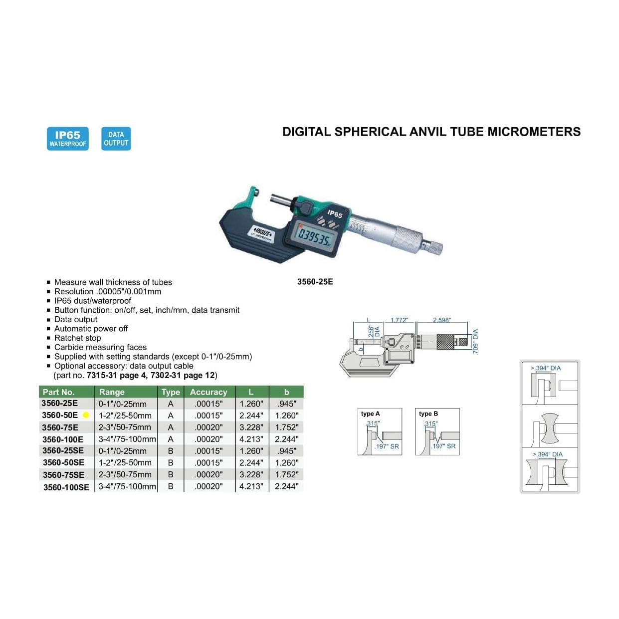 INSIZE Measuring Equipment Insize Digital Spherical Anvil Tube Micrometer 25-50mm/1-2" Range Series 3560-50E