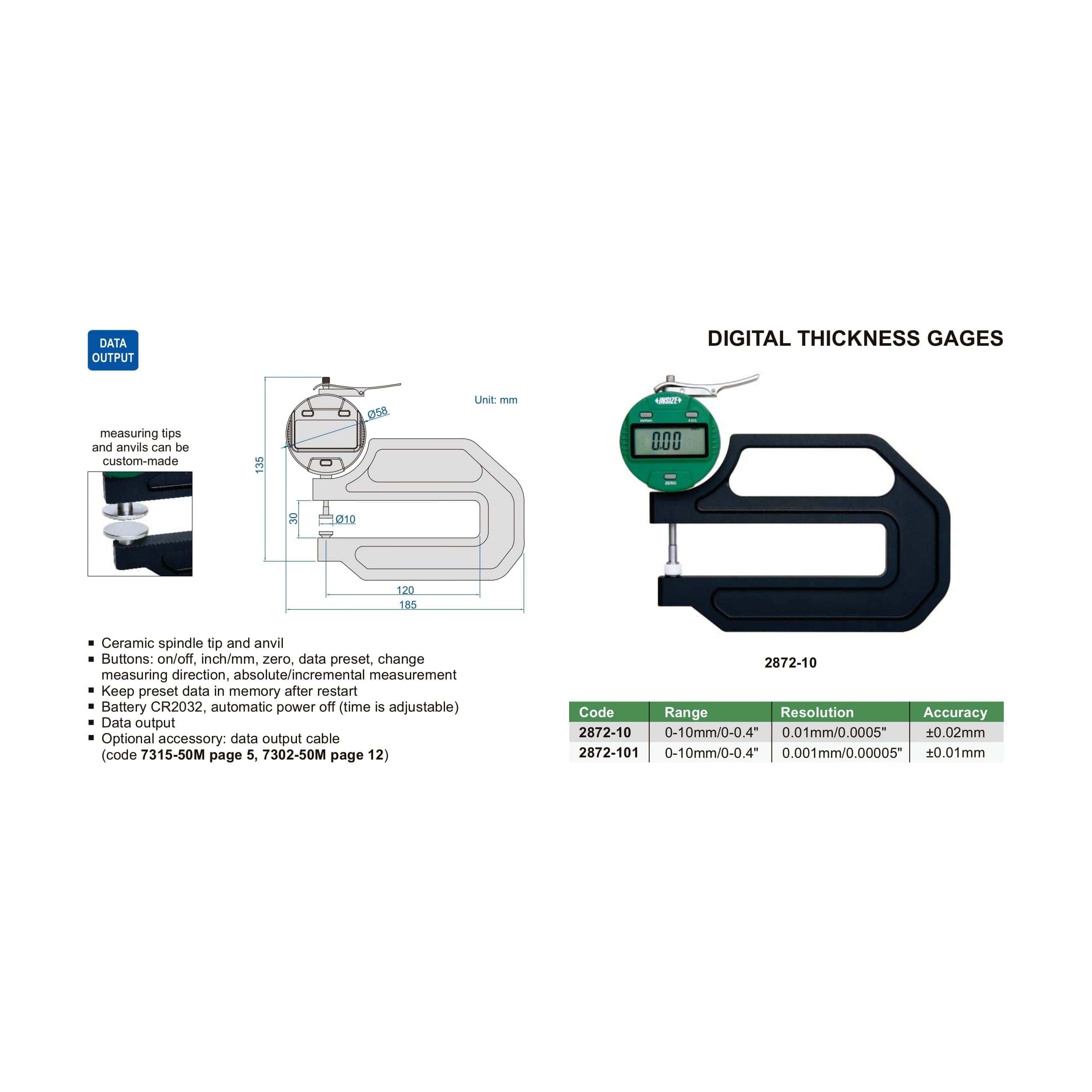 INSIZE Measuring Equipment Insize Digital Thickness Gauge 0-10mm/0-0.4" Range Series 2872-10