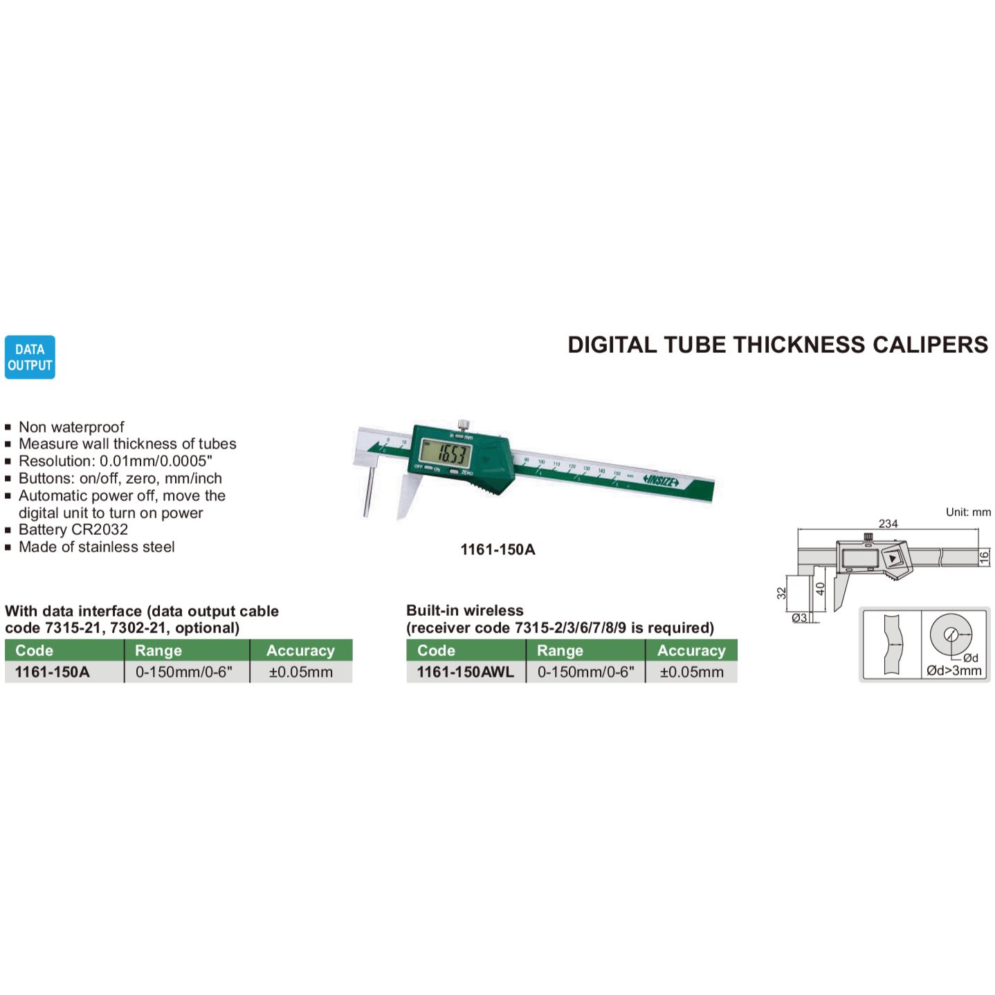 INSIZE Measuring Equipment Insize Digital Tube Thickness Caliper 0-150mm/0-6" Range Series 1161-150A