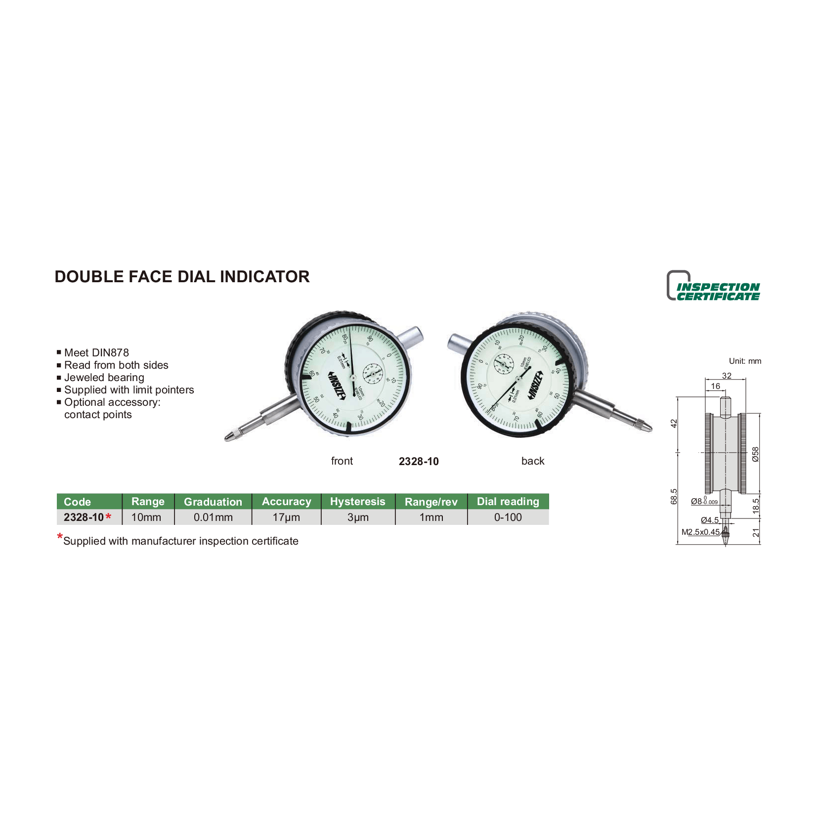 INSIZE Measuring Equipment Insize Double Face Dial Test Indicator 10mm x 0.1mm Range Series 2328-10