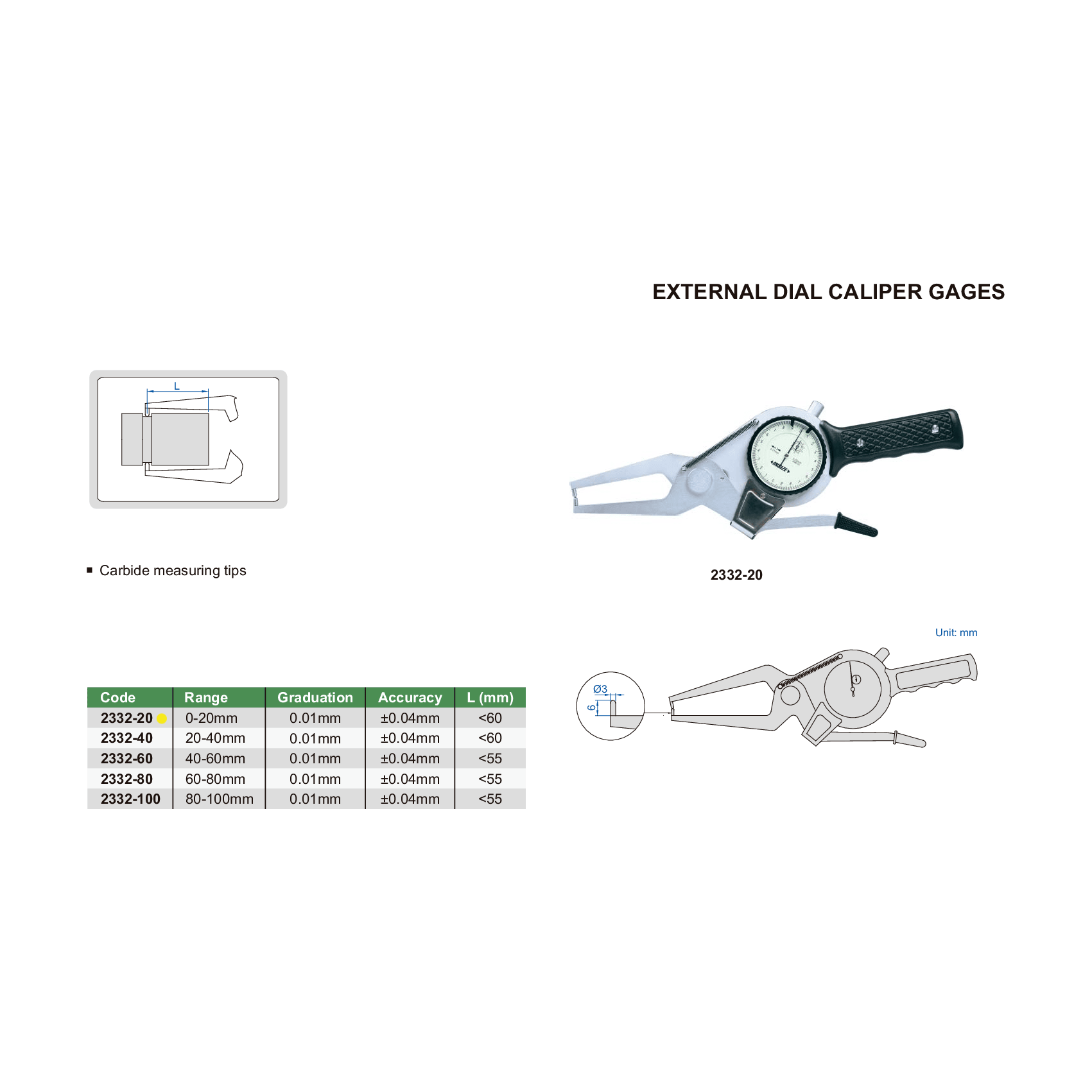 INSIZE Measuring Equipment Insize External Dial Caliper Gauge 0-20mm Range Series 2332-20