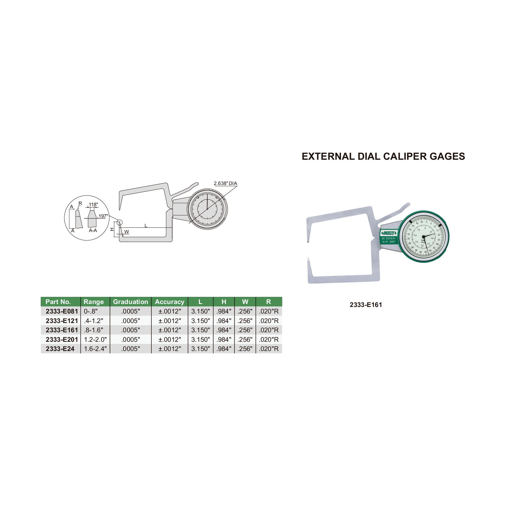 INSIZE Measuring Equipment Insize External Dial Caliper Gauge 0.4-1.2" Range Series 2333-E121