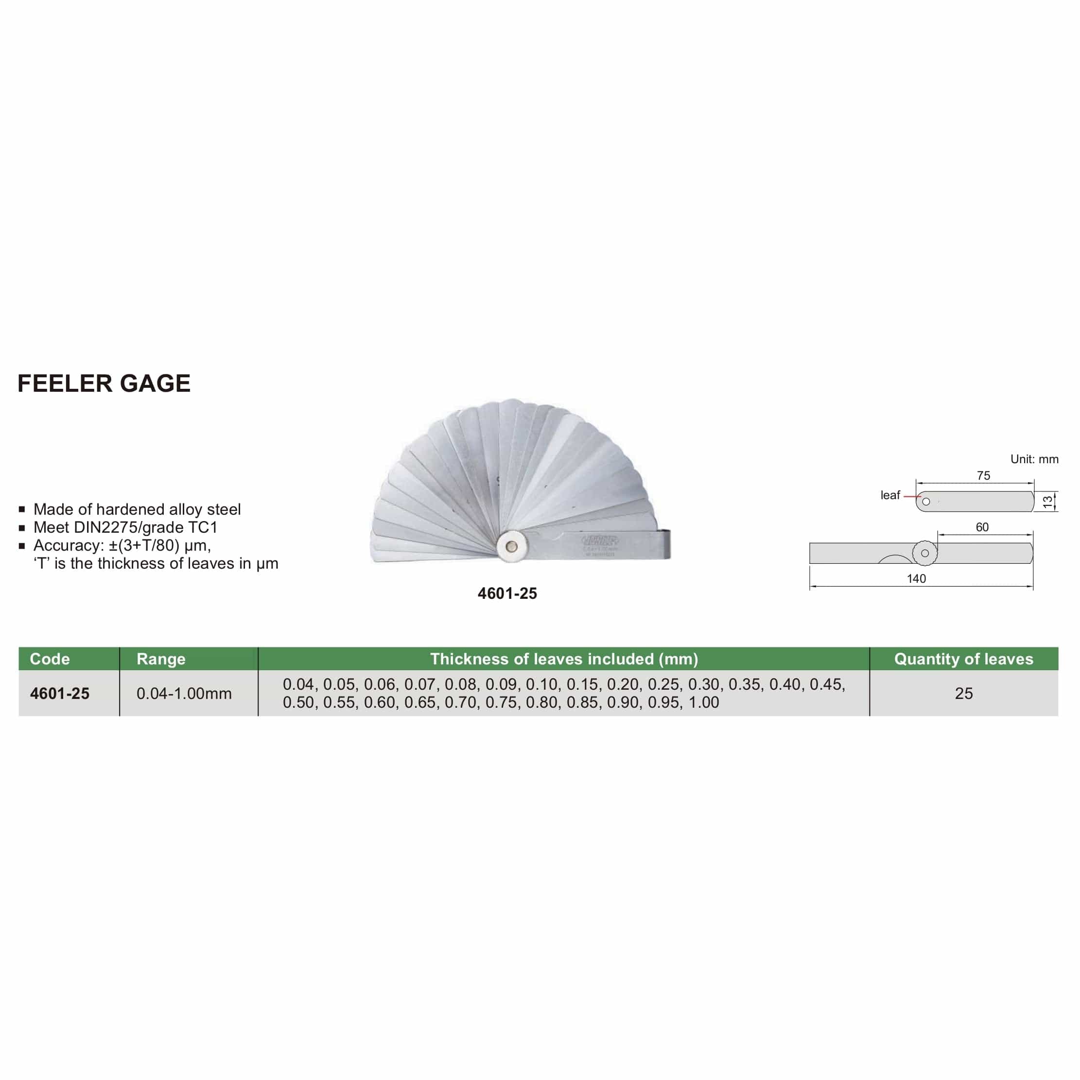 INSIZE Measuring Equipment Insize Feeler Gauge Set 0.04-1mm Range Series 4601-25
