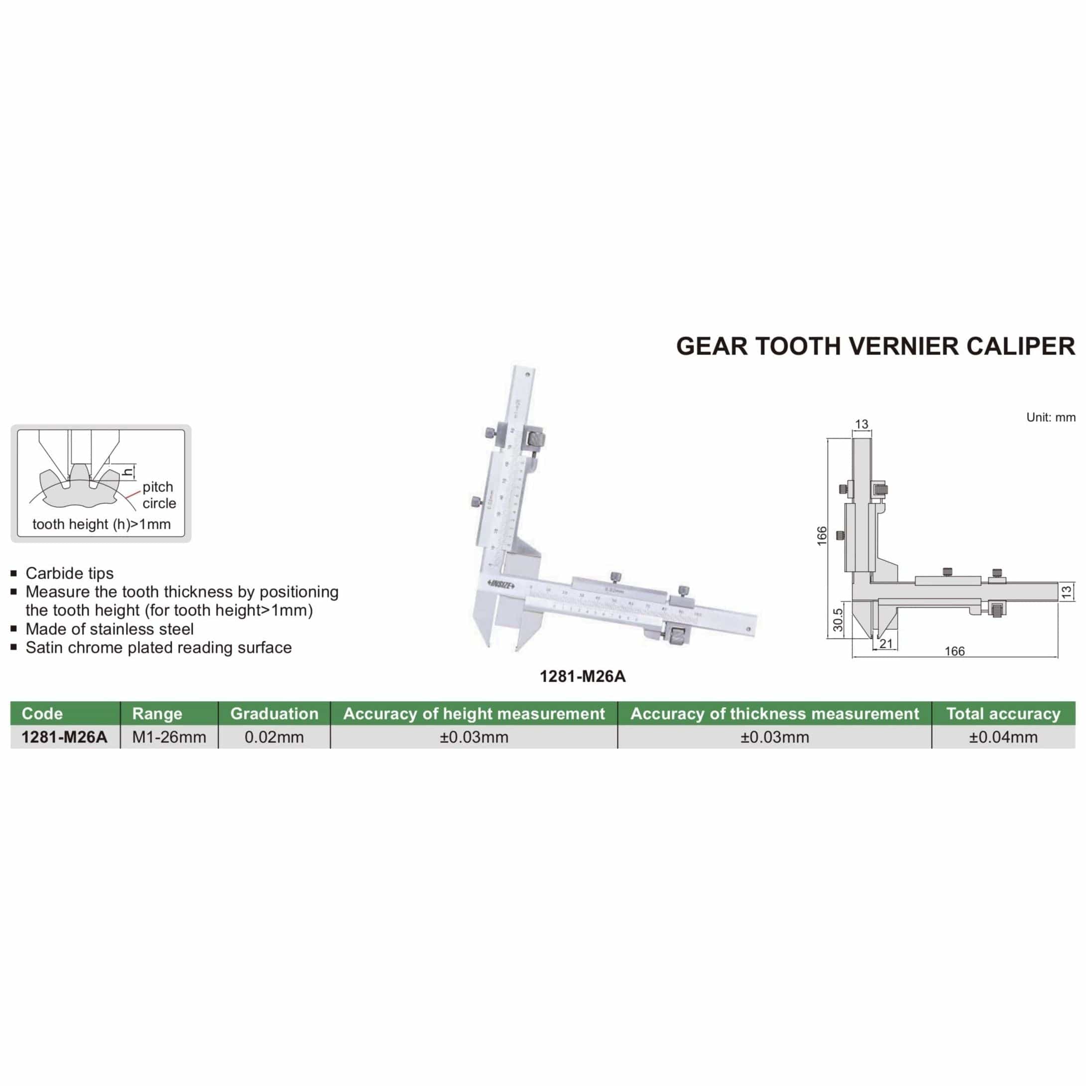 INSIZE Measuring Equipment Insize Gear Tooth Vernier Caliper Range Series 1281-M26A