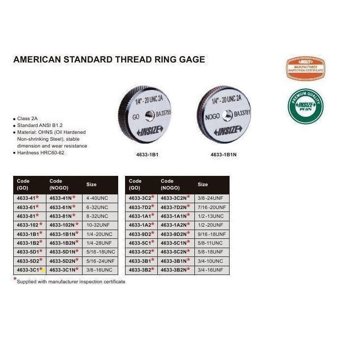 INSIZE Measuring Equipment Insize GO Thread Ring Gauge 3/8"-16 UNC Series - 4633-3C1