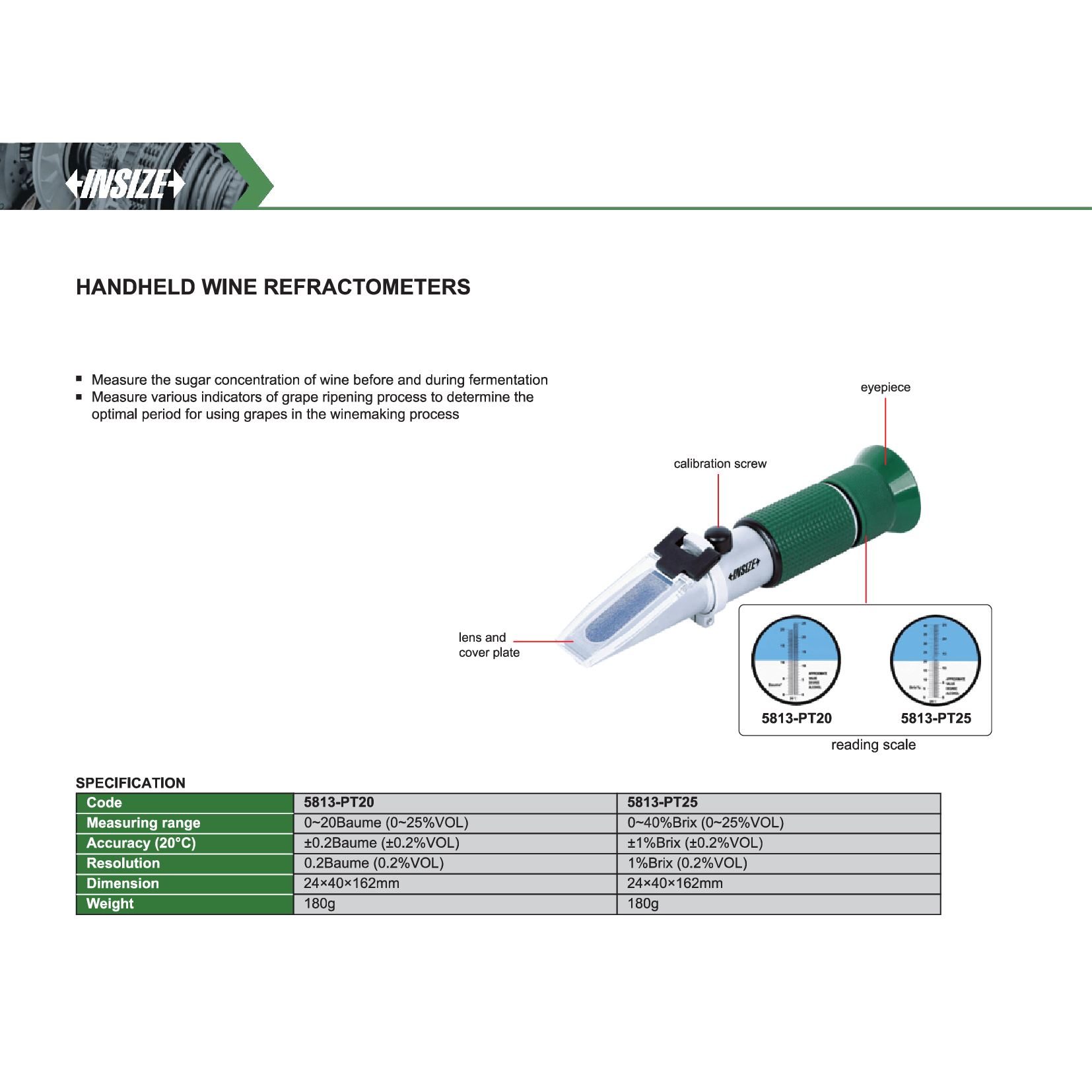 INSIZE MEASURING EQUIPMENT Insize Handheld Wine Refractometer 0–40%Brix Series 5813-PT25