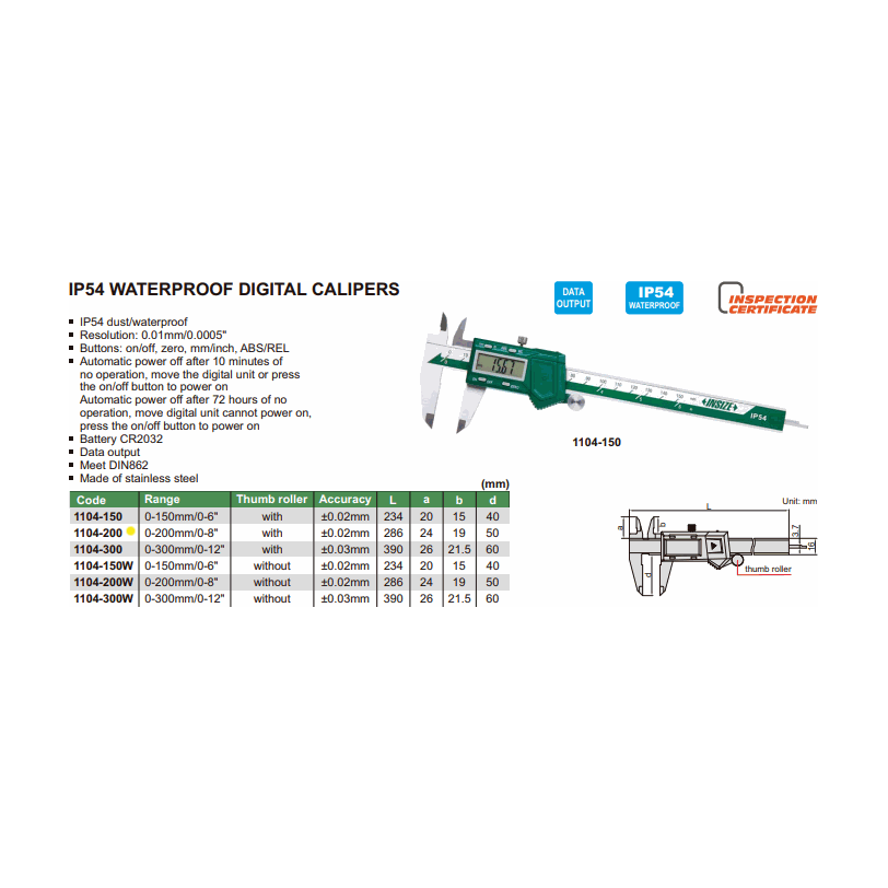 INSIZE Measuring Equipment INSIZE IP54 Digital Caliper 0-200mm/0-8" Range Series 1104-200