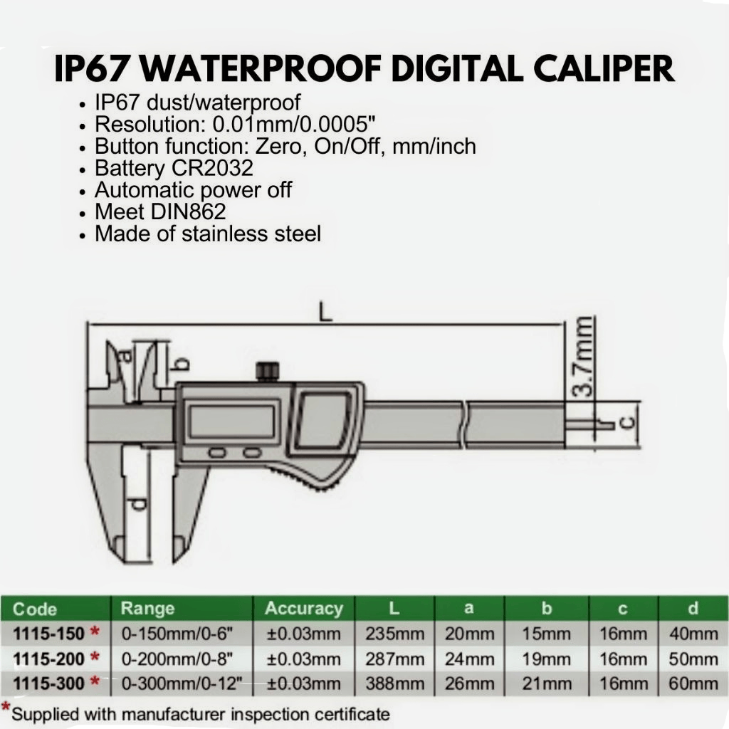 INSIZE Measuring Equipment Insize IP67 Waterproof Digital Caliper 0–150 mm / 0–6″ Series 1115-150