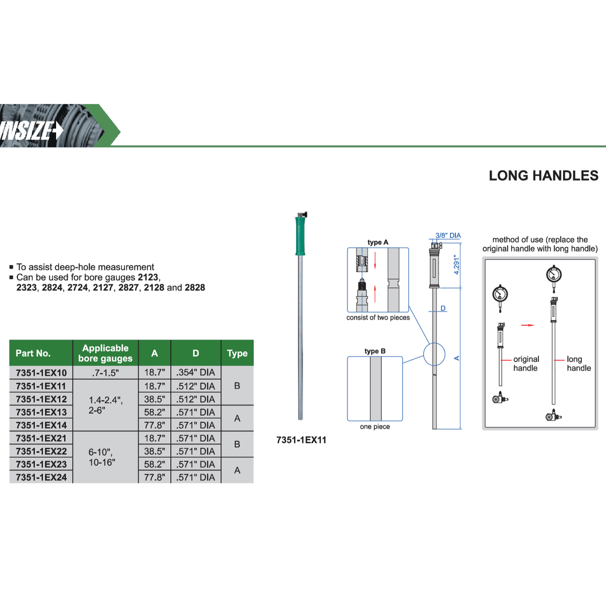 INSIZE Measuring Equipment Insize Long Handle 58.2″ × 0.571″ Series 7351-1EX13
