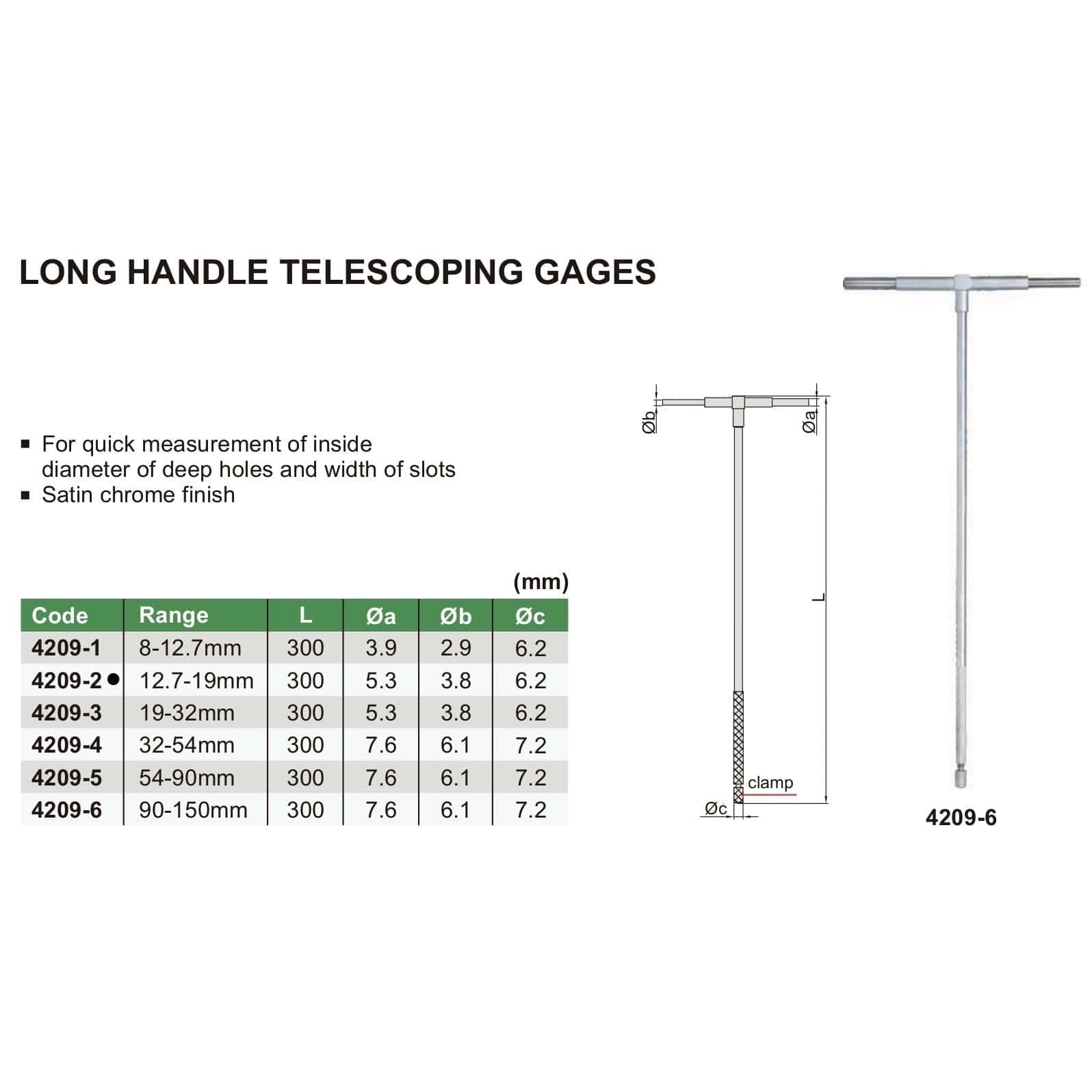 INSIZE Measuring Equipment Insize Long Handle Telescopic Gauge 12.7-19mm Range Series 4209-2