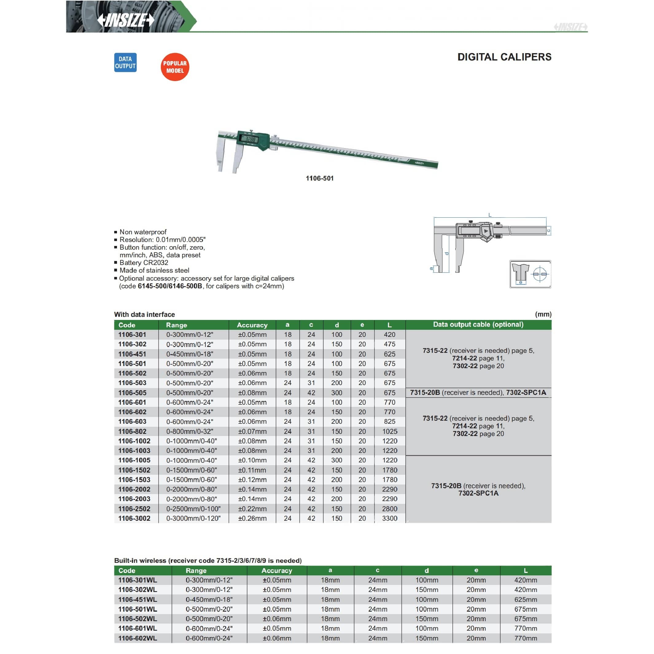 INSIZE MEASURING EQUIPMENT Insize Long Jaw Digital Caliper 0–800 mm / 0–32" Range (Jaw L 150 mm) Series 1106-802