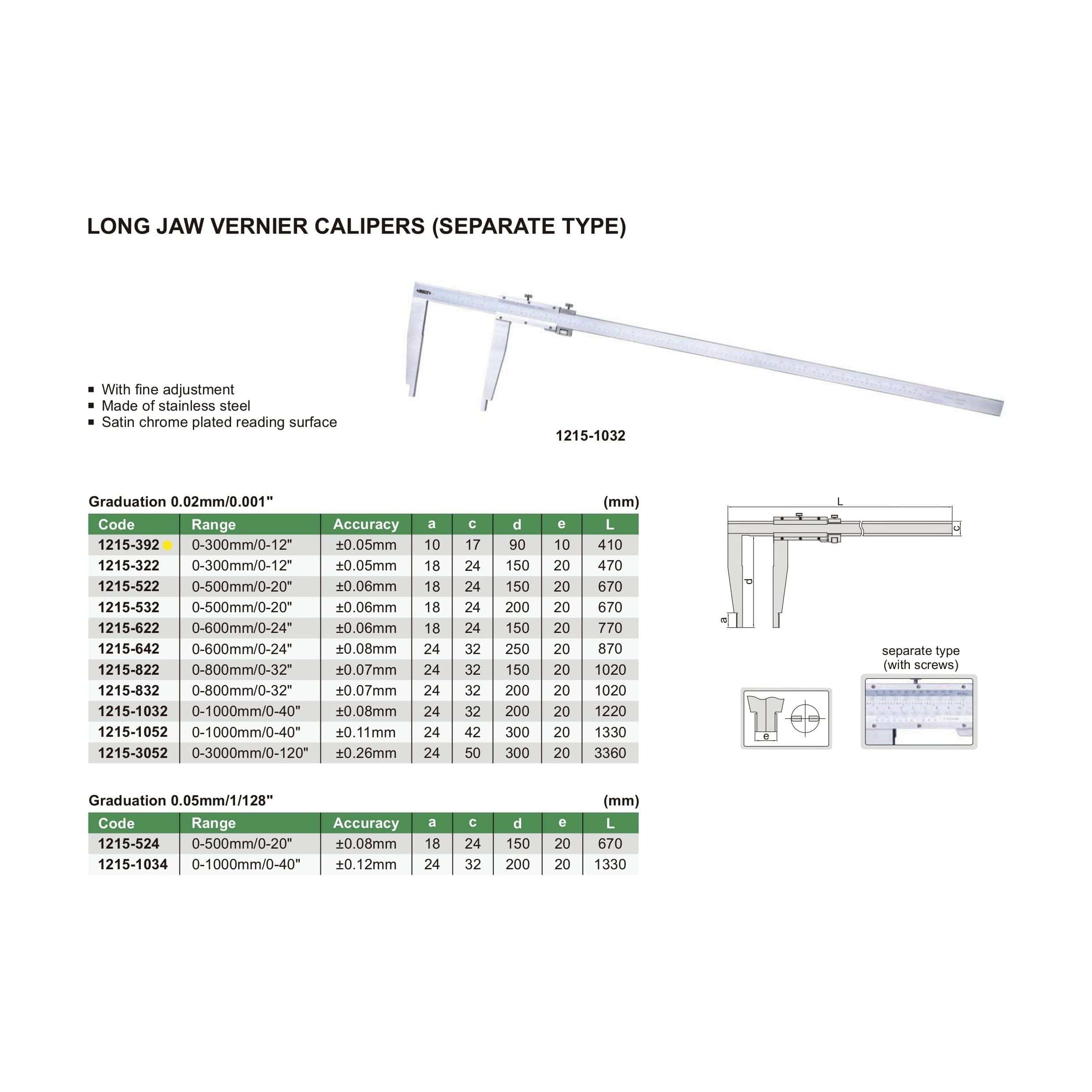 INSIZE Measuring Equipment Insize Long Jaw Vernier Caliper 0-300mm/0-12" Range Series 1215-392