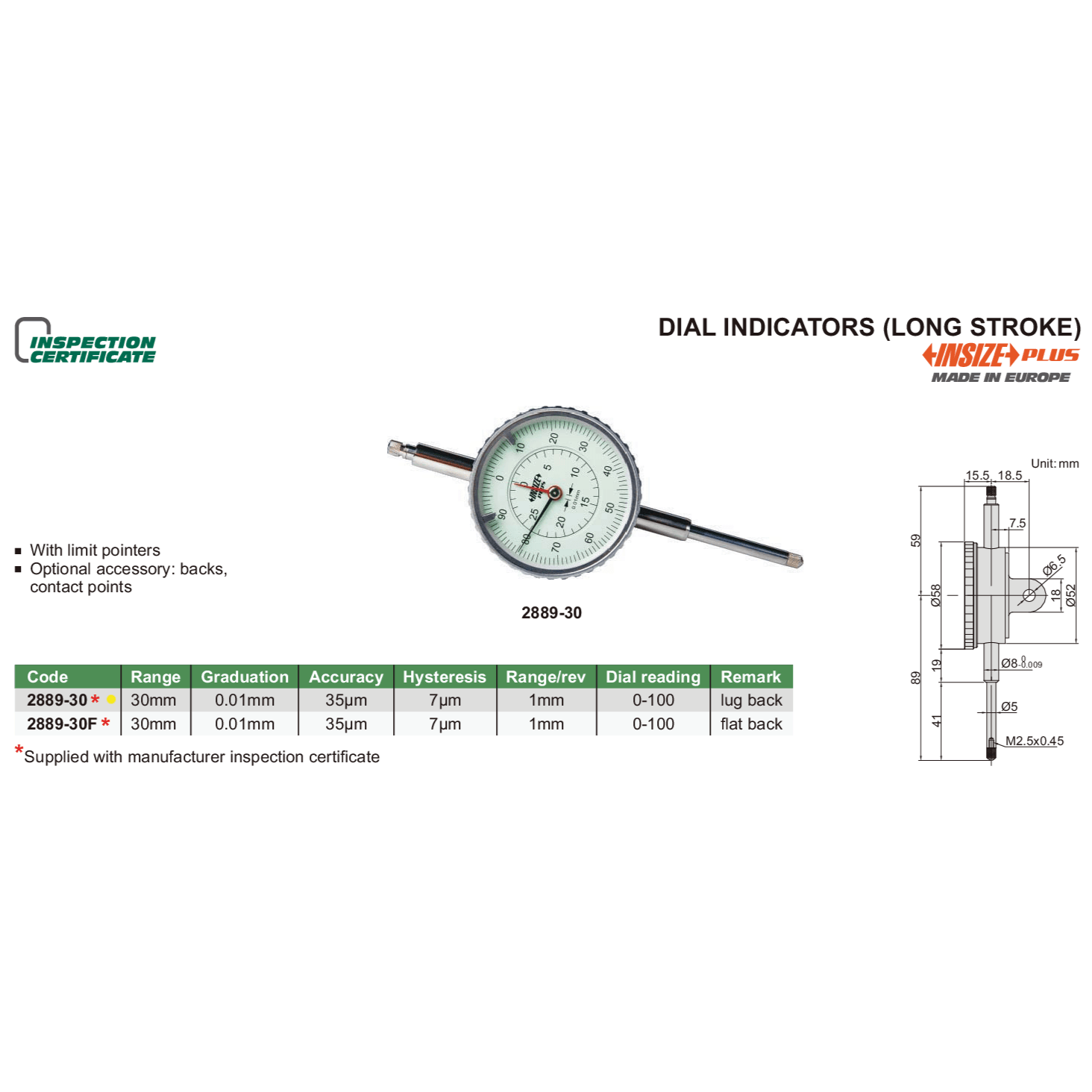 INSIZE Measuring Equipment Insize Long Stroke Dial Indicator 30mm Range Series 2889-30