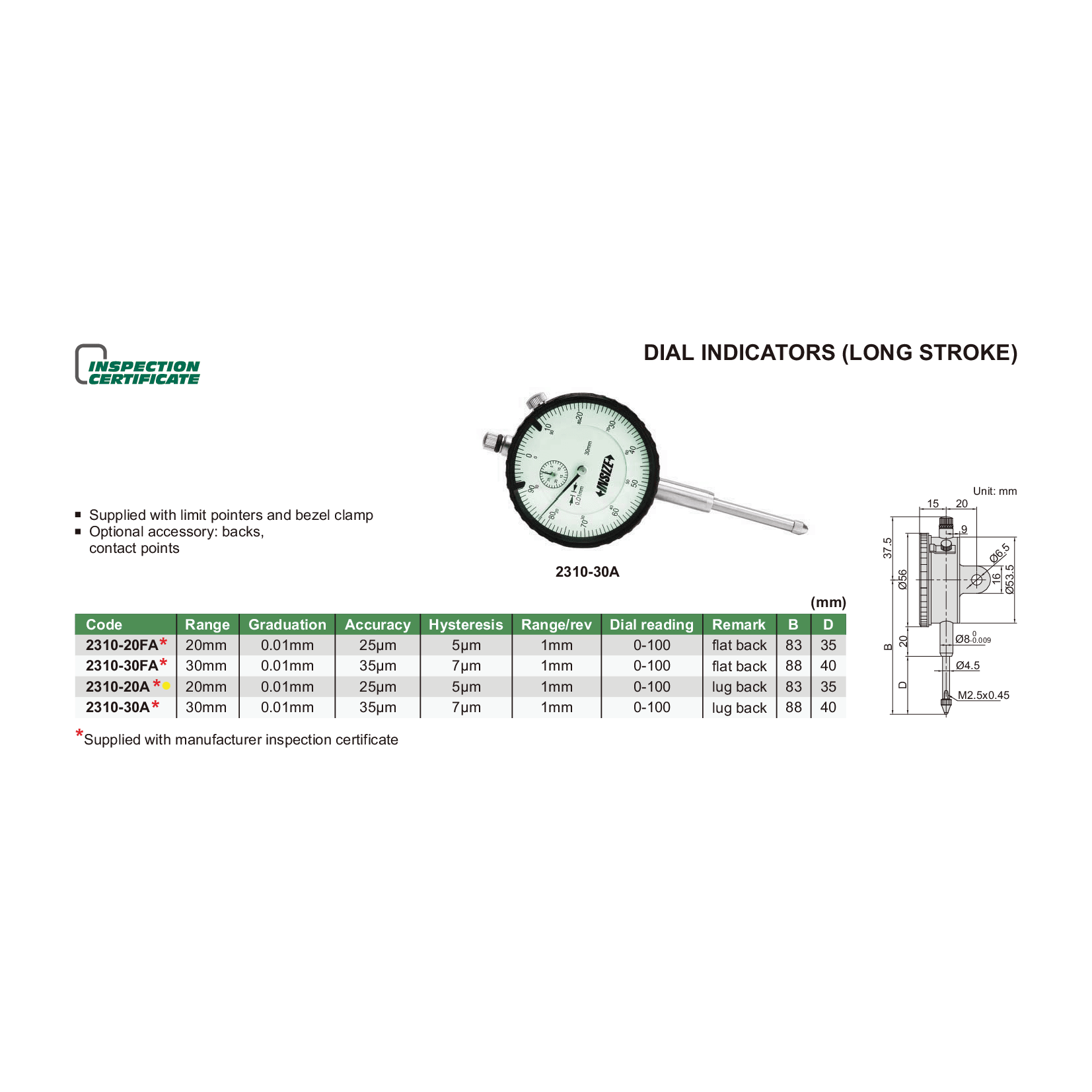 INSIZE Measuring Equipment Insize Metric Long Stroke Dial Indicator 20mm Range Series 2310-20A