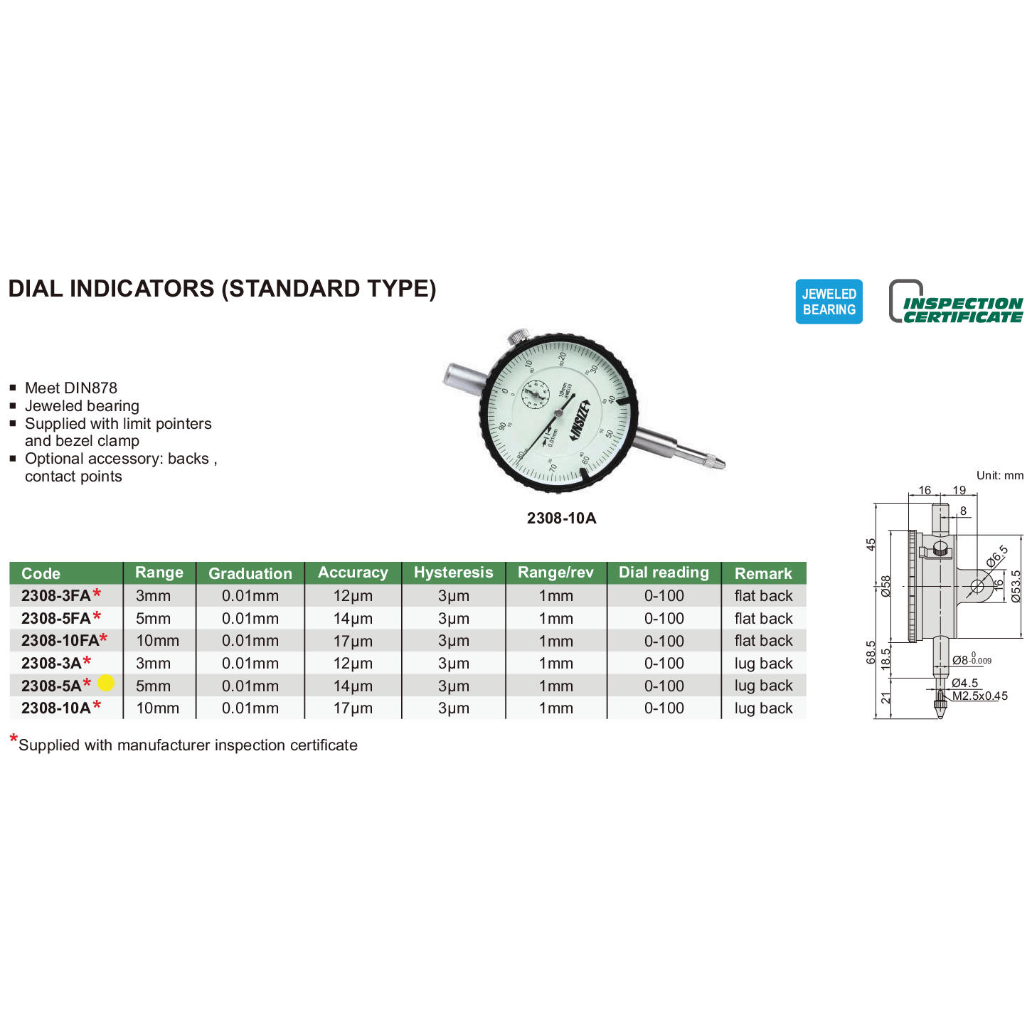 INSIZE Measuring Equipment Insize Metric Lug Back Dial Indicator 5mm Range Series 2308-5A
