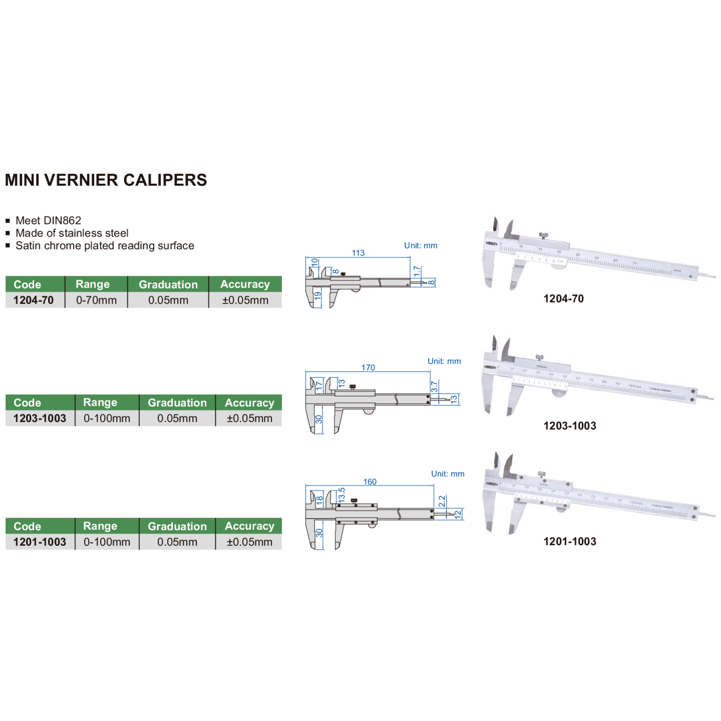 INSIZE Measuring Equipment Insize Mini Vernier Caliper 0-100mm Range Series 1201-1003