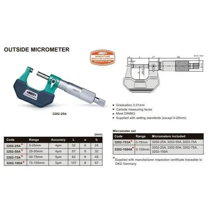 INSIZE MEASURING EQUIPMENT Insize Outside Micrometer 0-1" Range Series 3202-1