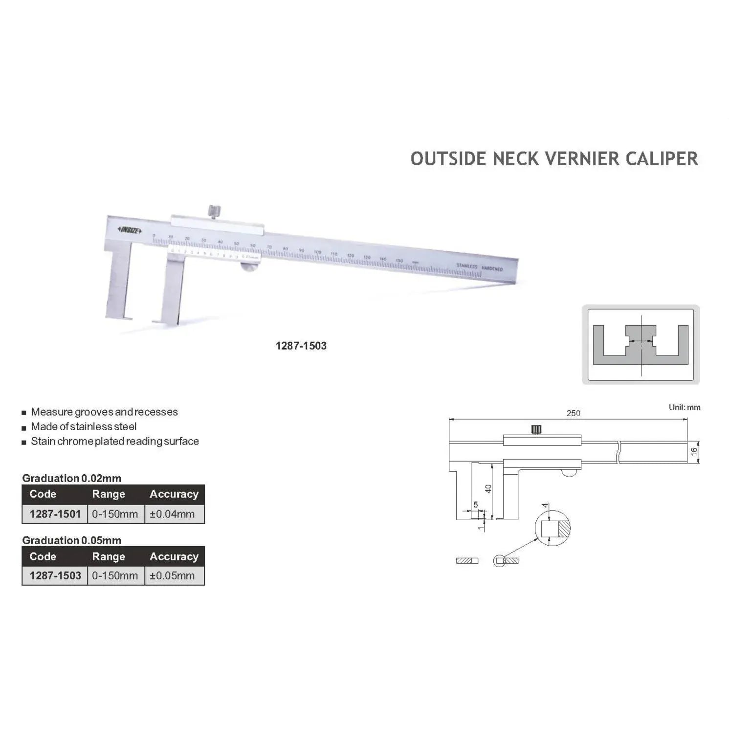 INSIZE MEASURING EQUIPMENT Insize Outside Neck Vernier Caliper 0-150mm Series 1287-1503