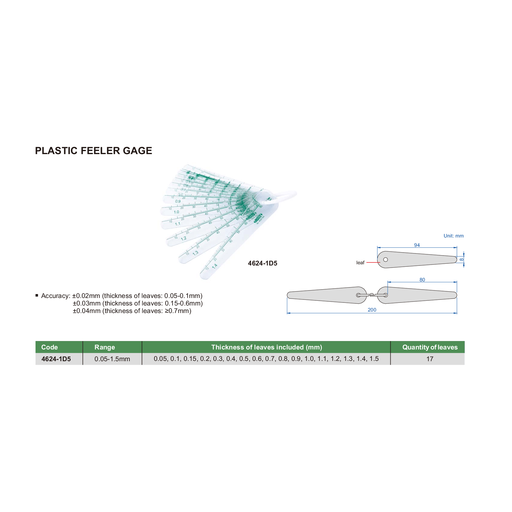 INSIZE MEASURING EQUIPMENT Insize Plastic Feeler Gage 0.05-1.5 mm Series 4624-1D5