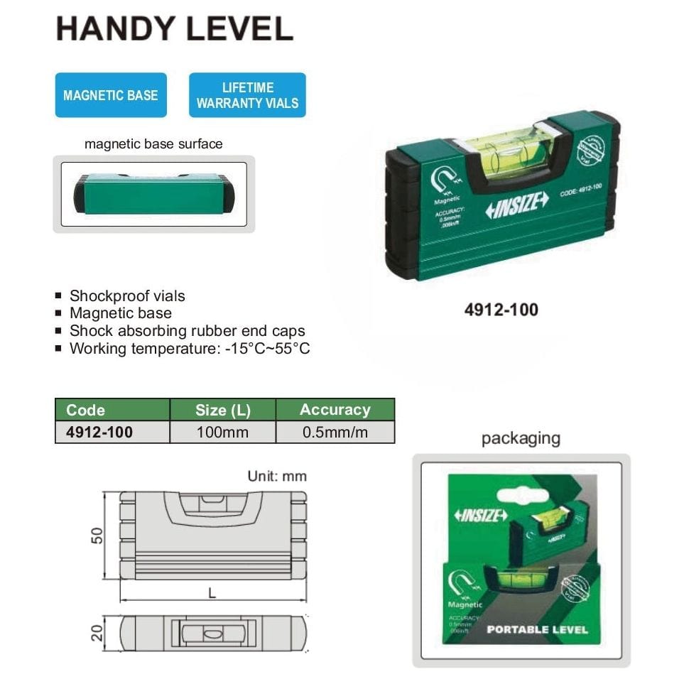 INSIZE MEASURING EQUIPMENT Insize Portable Level 100mm/ 4" Range Series 4912-100