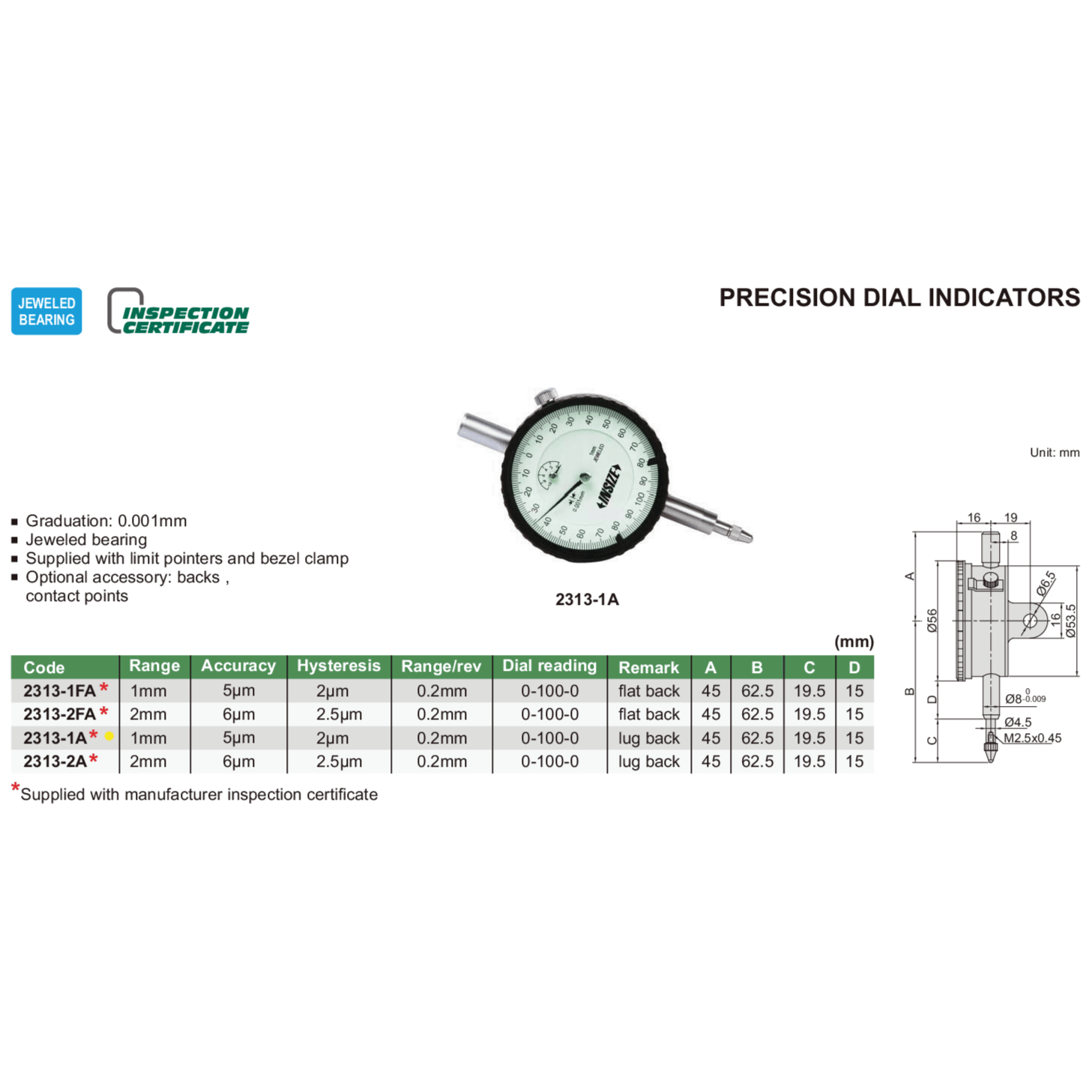 INSIZE Measuring Equipment Insize Precision Dial Indicator 1mm Range Series 2313-1A