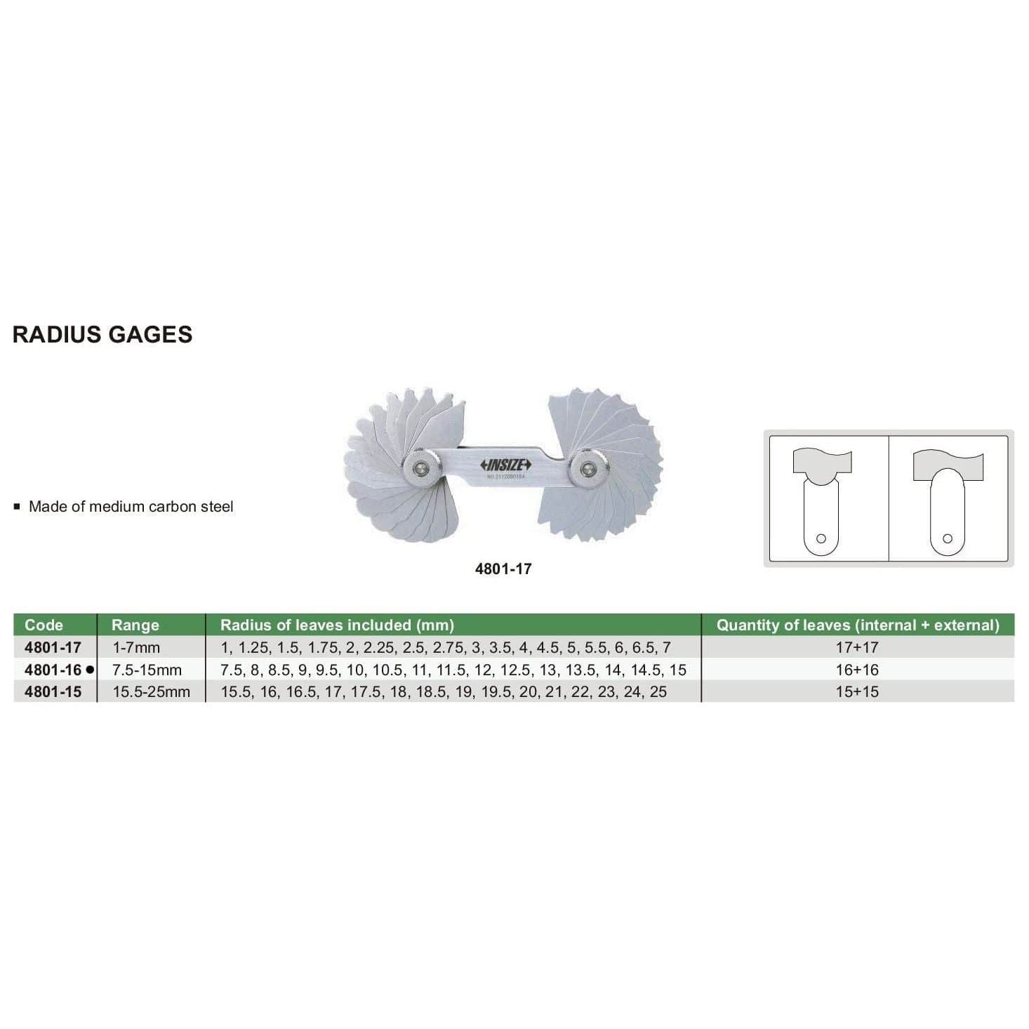 INSIZE Measuring Equipment Insize Radius Gauge Set 7.5-15mm Range Series 4801-16