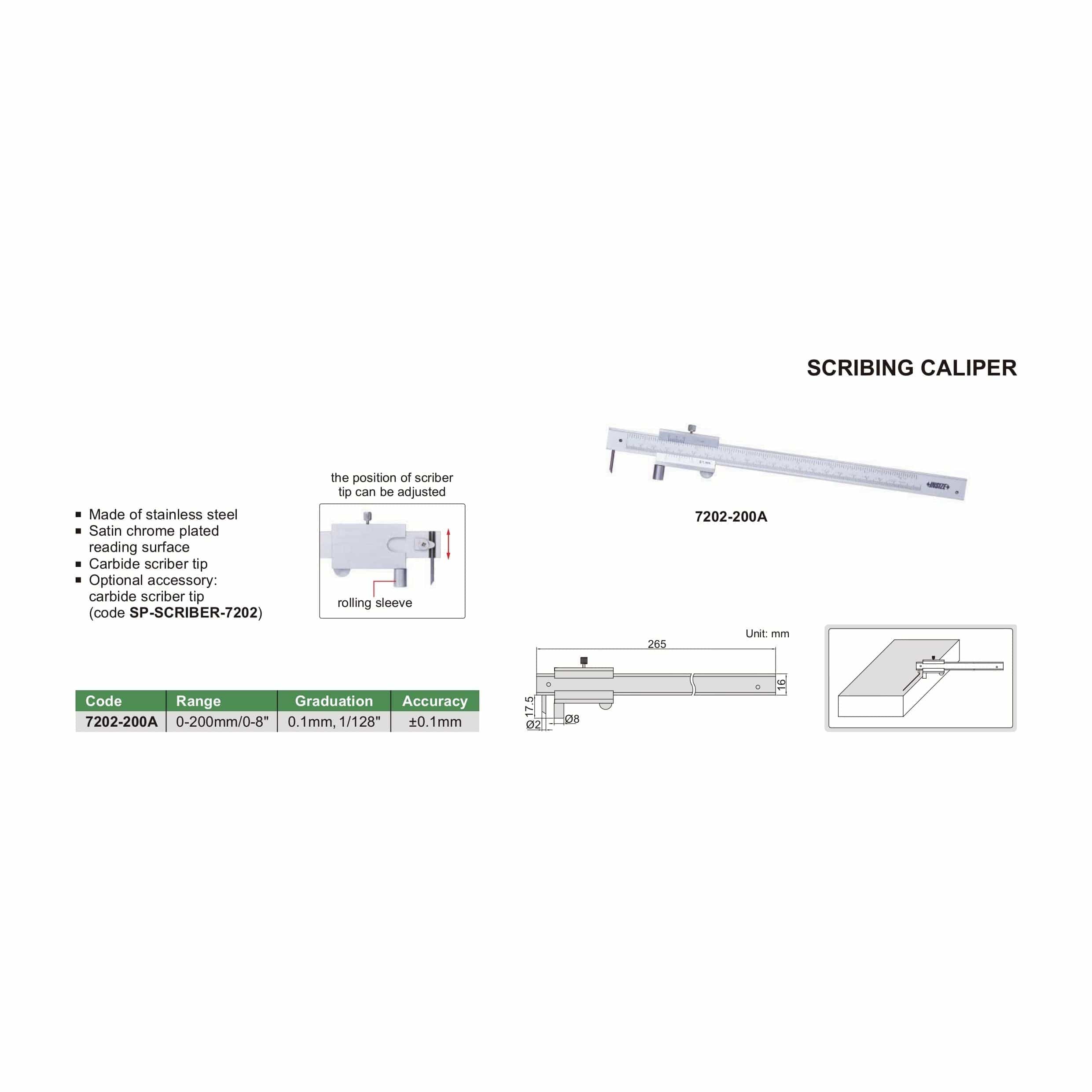 INSIZE MEASURING EQUIPMENT Insize Scribing Caliper 0-200mm/0-8" Range Series 7202-200A
