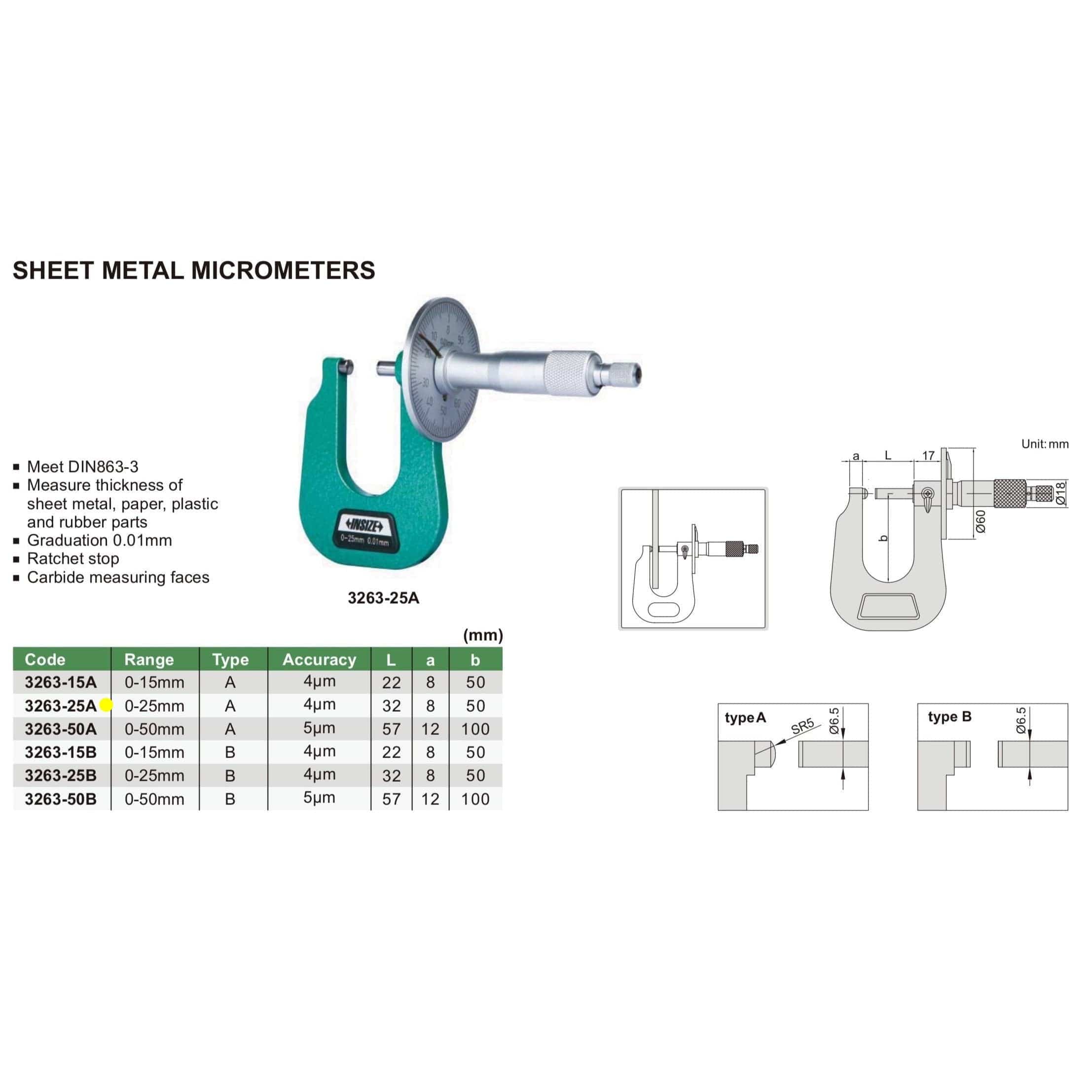 INSIZE Measuring Equipment Insize Sheet Metal Micrometer 0-25mm Range Series 3263-25A