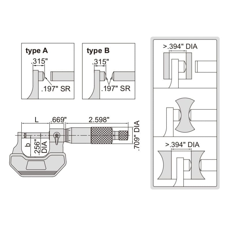 INSIZE Measuring Equipment Insize Spherical Anvil Tube Micrometer 1-2" Type A Series 3260-2