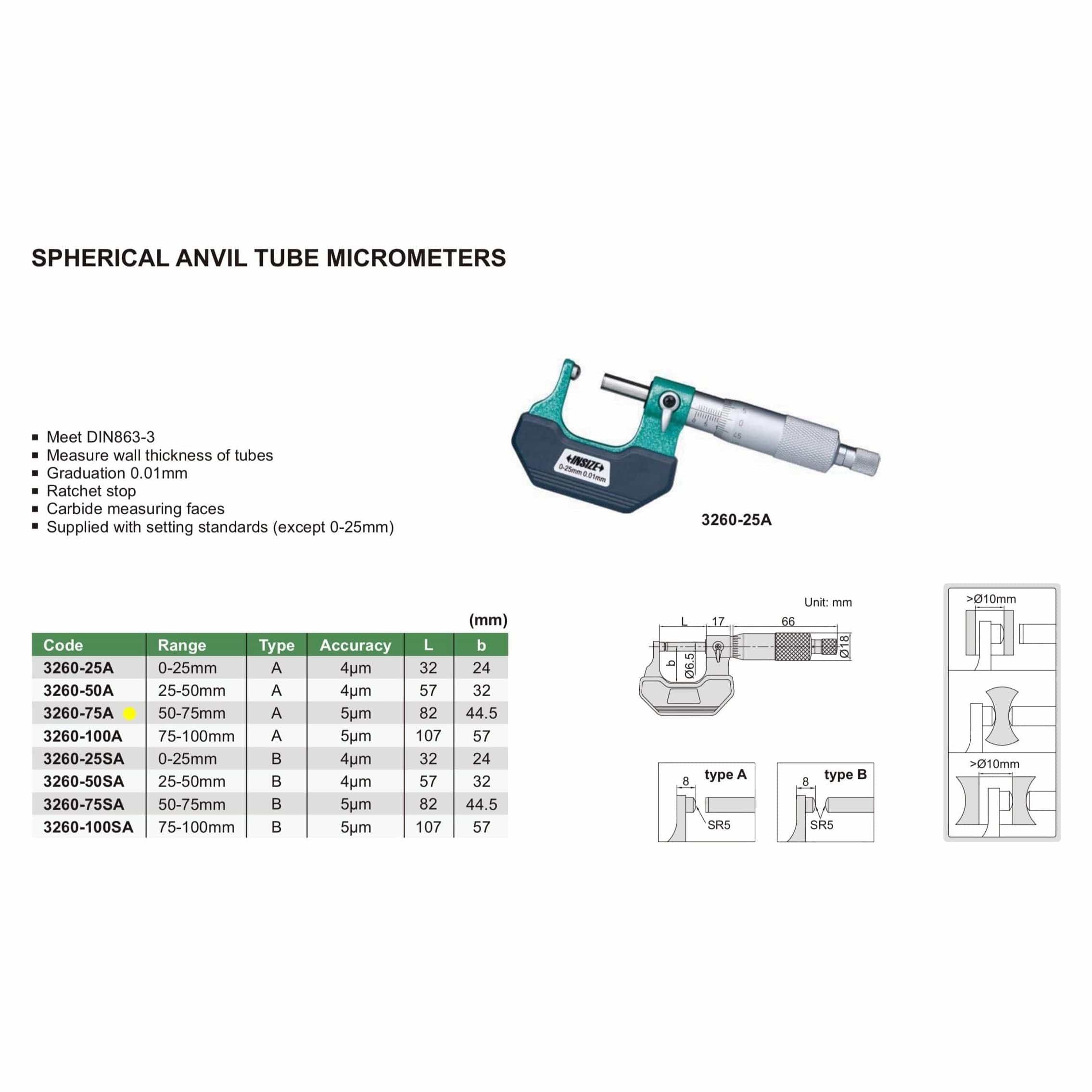 INSIZE Measuring Equipment Insize Spherical Anvil Tube Micrometer 50-75mm Type A Series 3260-75A