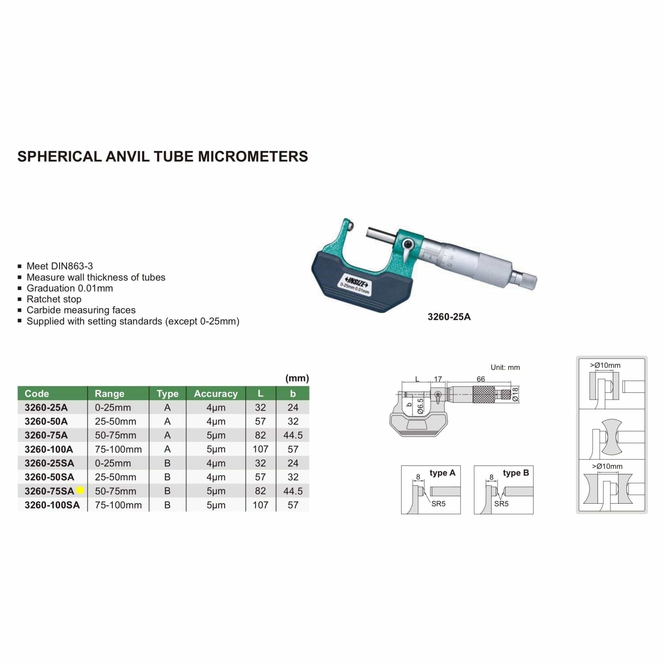 INSIZE Measuring Equipment Insize Spherical Anvil Tube Micrometer 50-75mm Type B Series 3260-75SA
