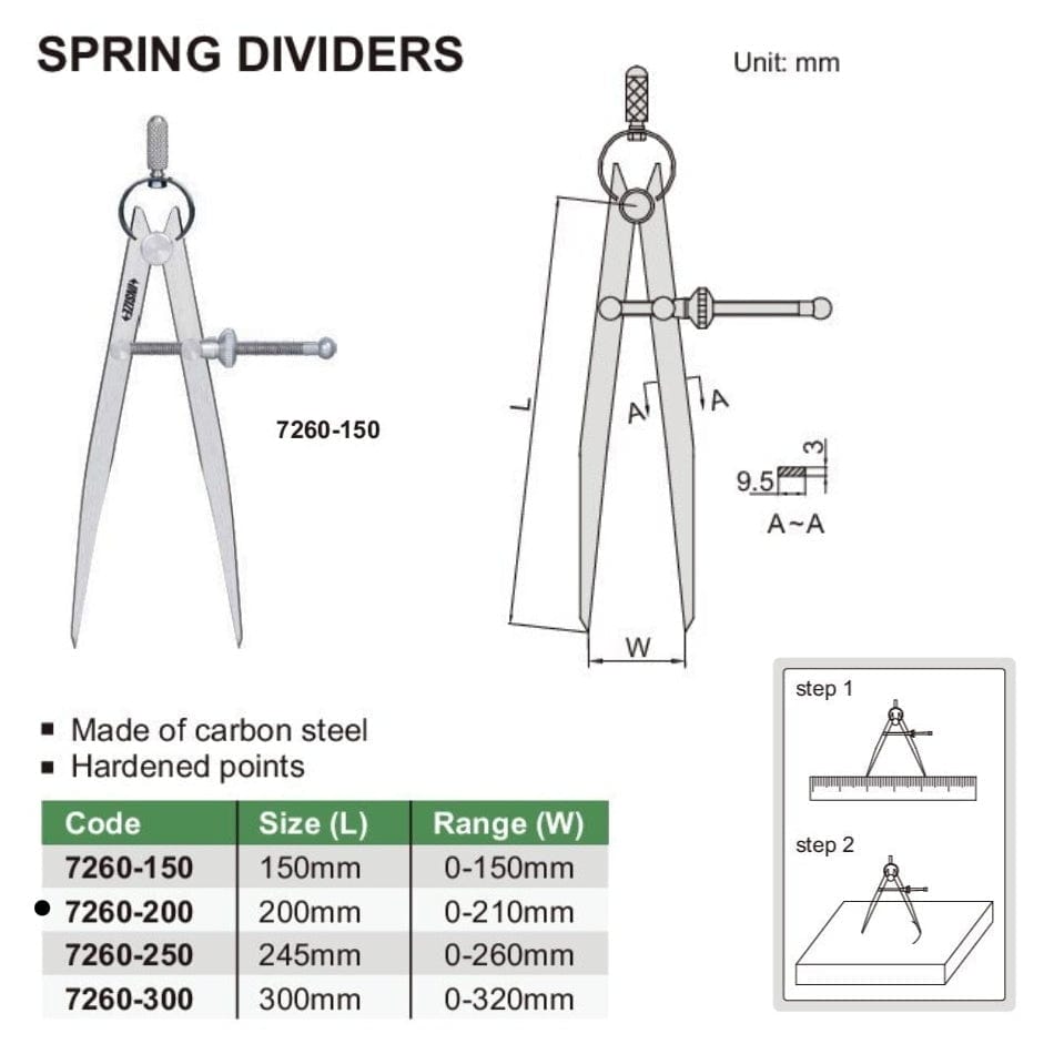 INSIZE Measuring Equipment Insize Spring Divider 210mm Range Series 7260-200