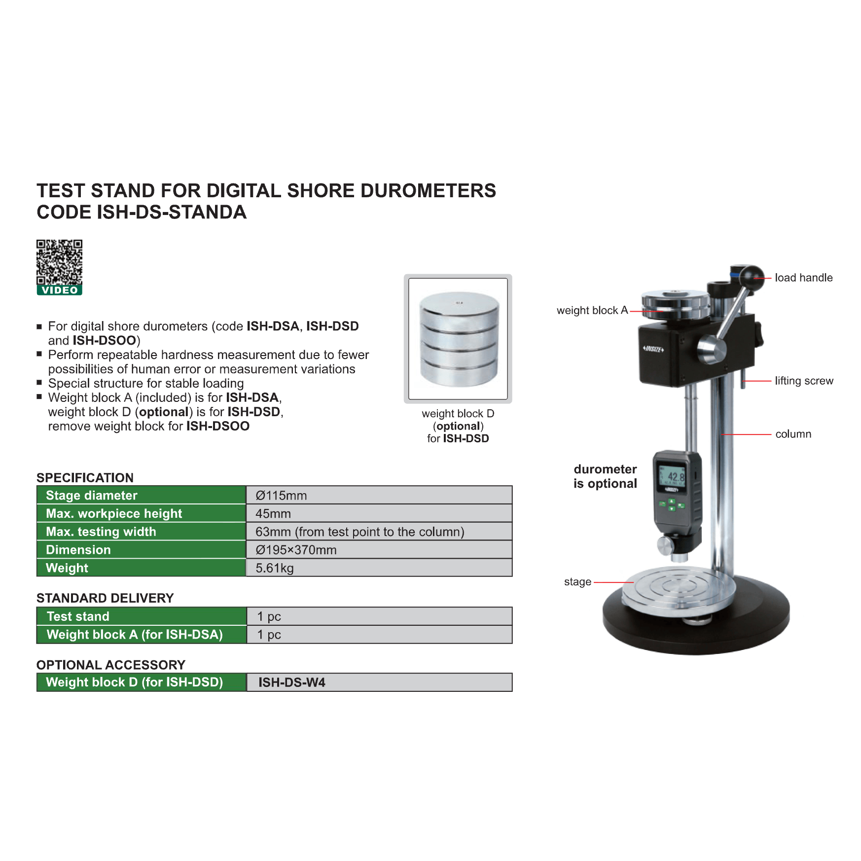 INSIZE MEASURING EQUIPMENT Insize Test Stand for Digital Shore Durometers Code ISH-DS-STANDA