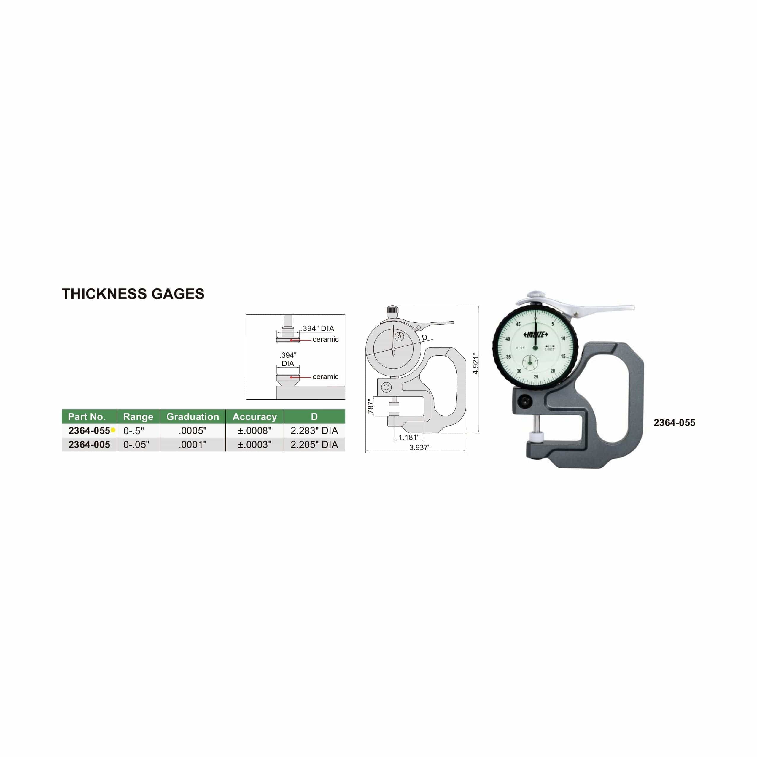 INSIZE Measuring Equipment Insize Thickness Gauge 0-0.5" x 0.0005" Range Series 2364-055