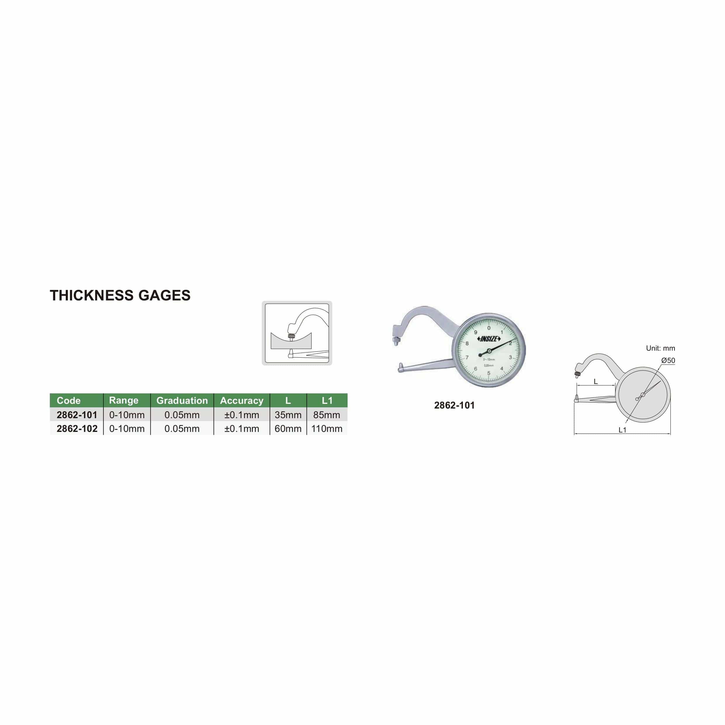 INSIZE Measuring Equipment Insize Thickness Gauge 0-10mm x 0.05mm Range Series 2862-102