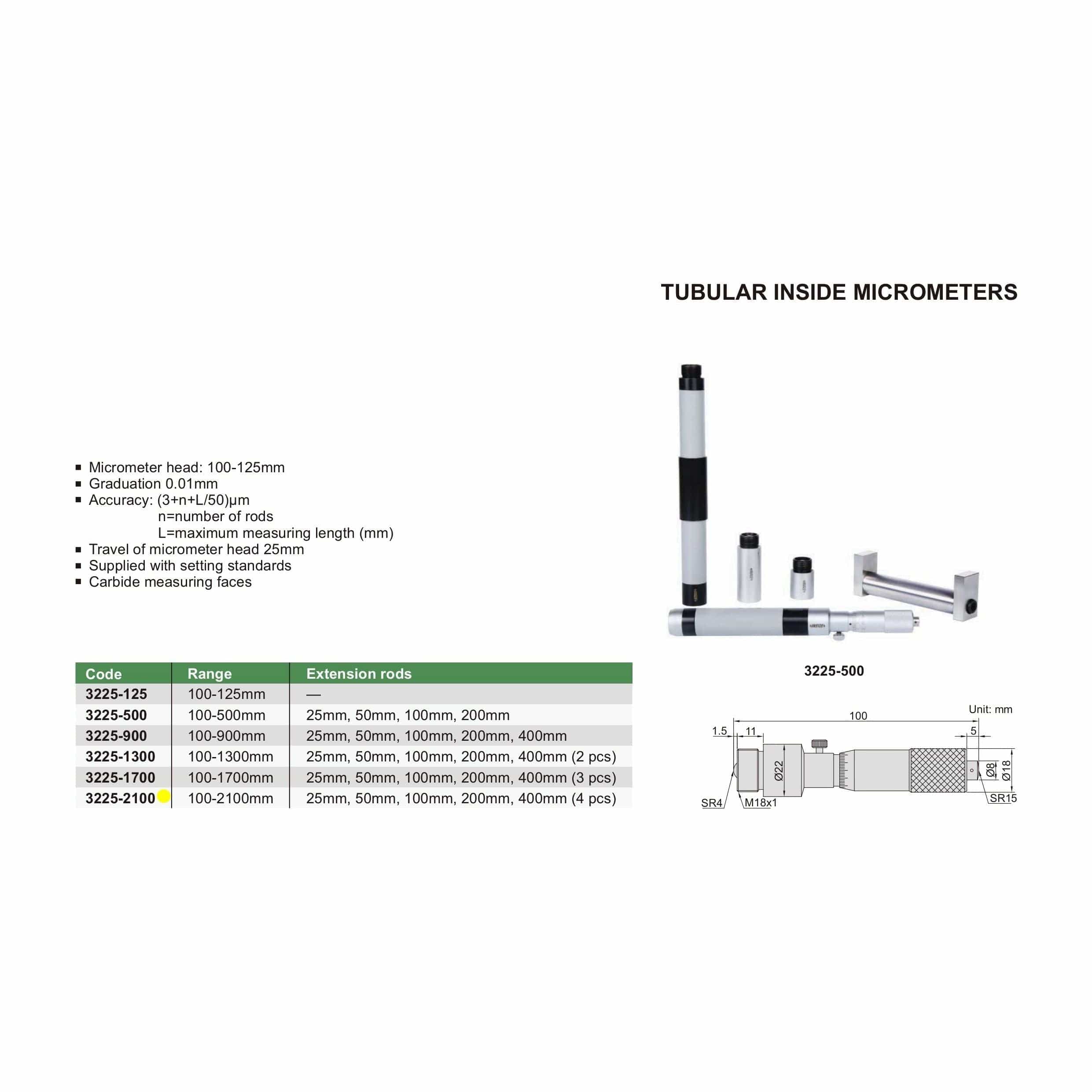 INSIZE Measuring Equipment Insize Tubular Inside Micrometer 100-2100mm Range Series 3225-2100