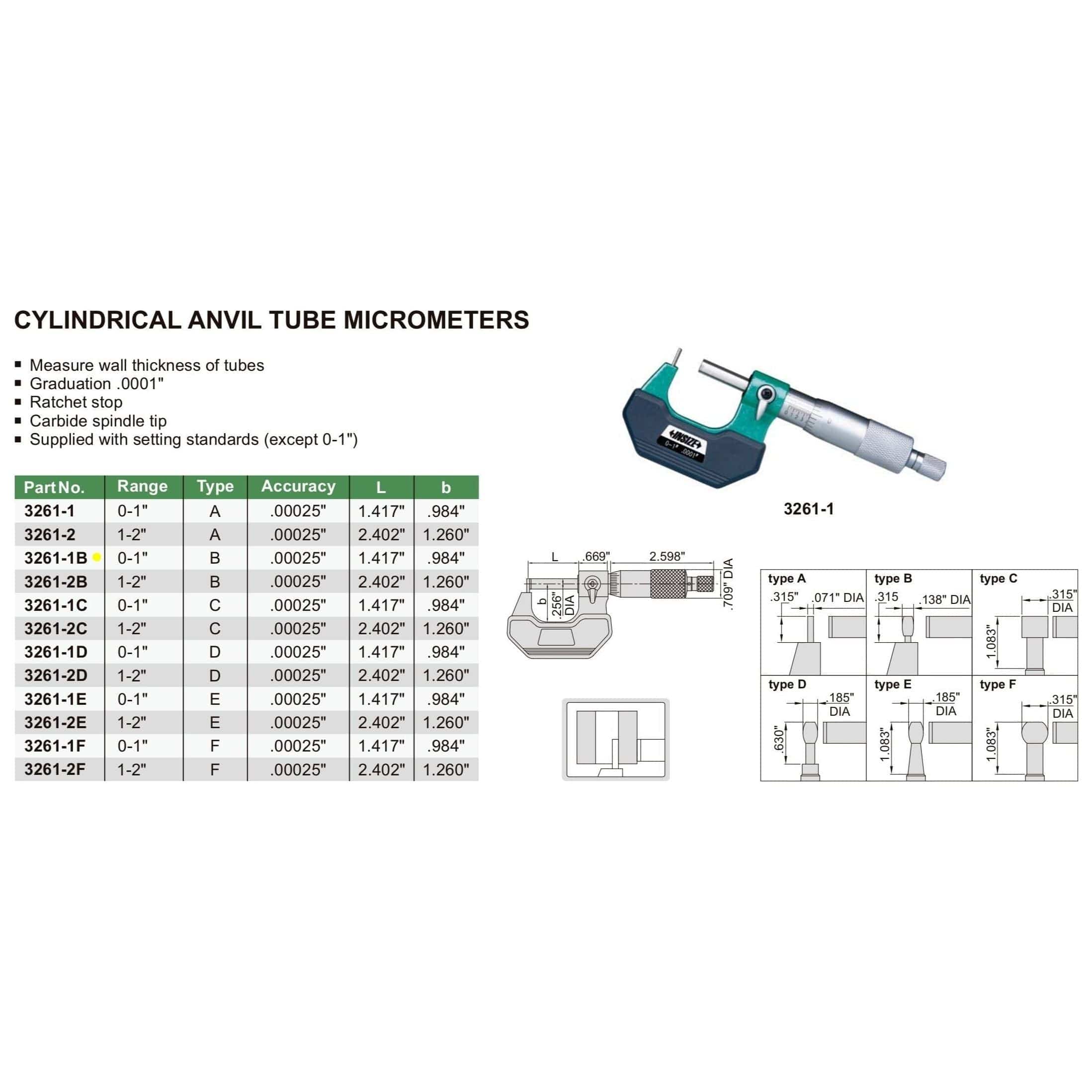 INSIZE Measuring Equipment Insize Type B Cylindrical Anvil Micrometer 0-1" Range Series 3261-1B