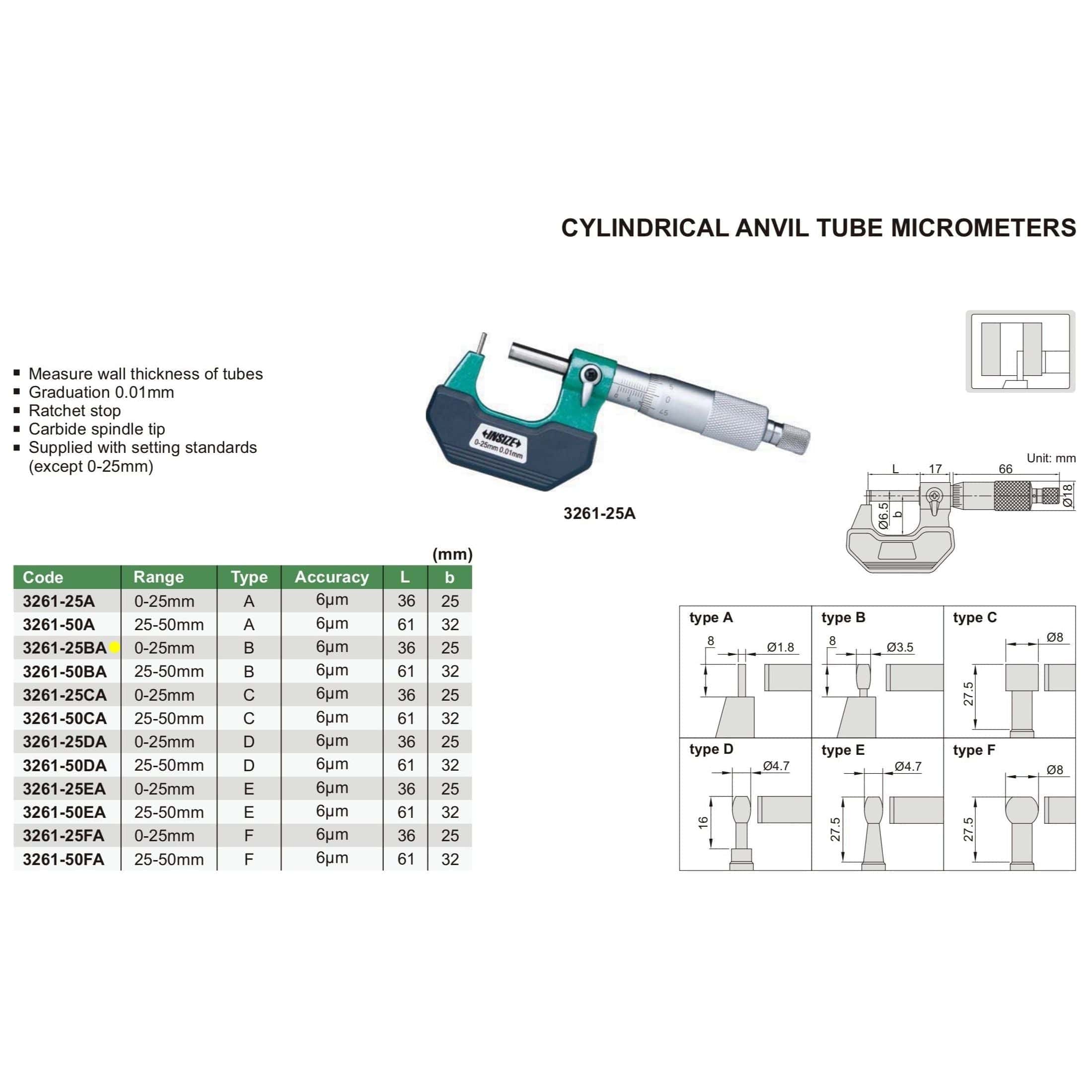 INSIZE Measuring Equipment Insize Type B Cylindrical Anvil Tube Micrometer 0-25mm Range Series 3261-25BA