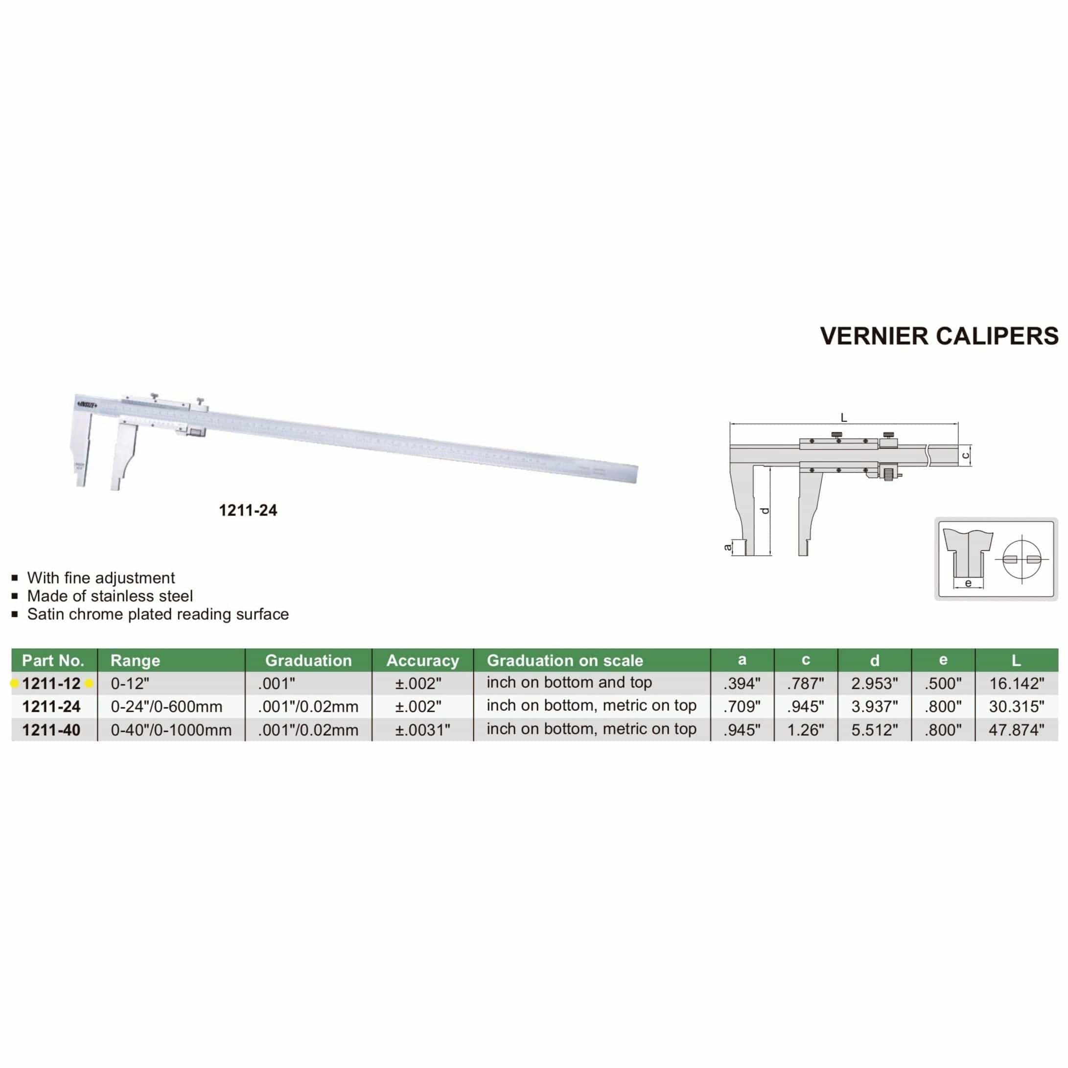 INSIZE Measuring Equipment Insize Vernier Caliper 0-12" Range Series 1211-12