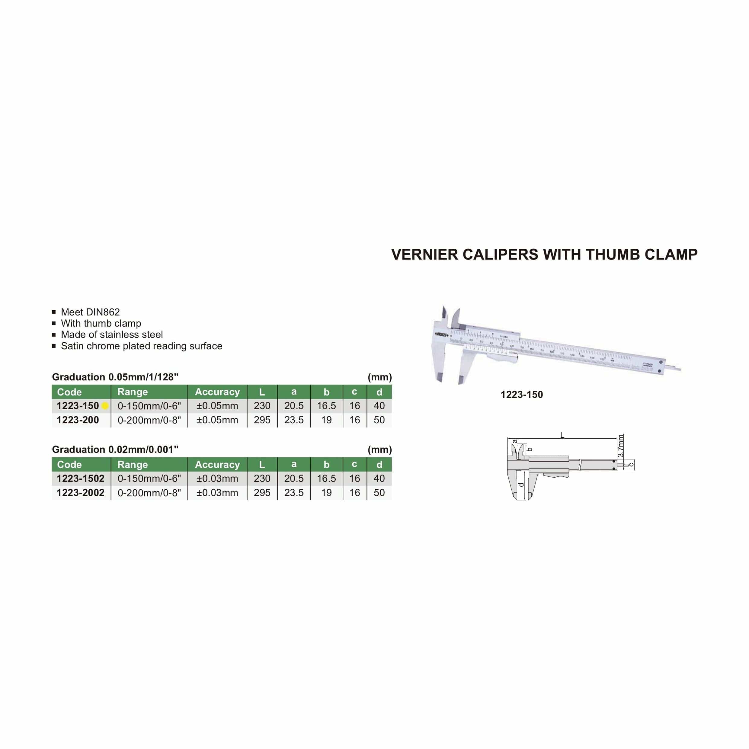 INSIZE Measuring Equipment Insize Vernier Caliper 0-150mm/0-6" Range Series 1223-150