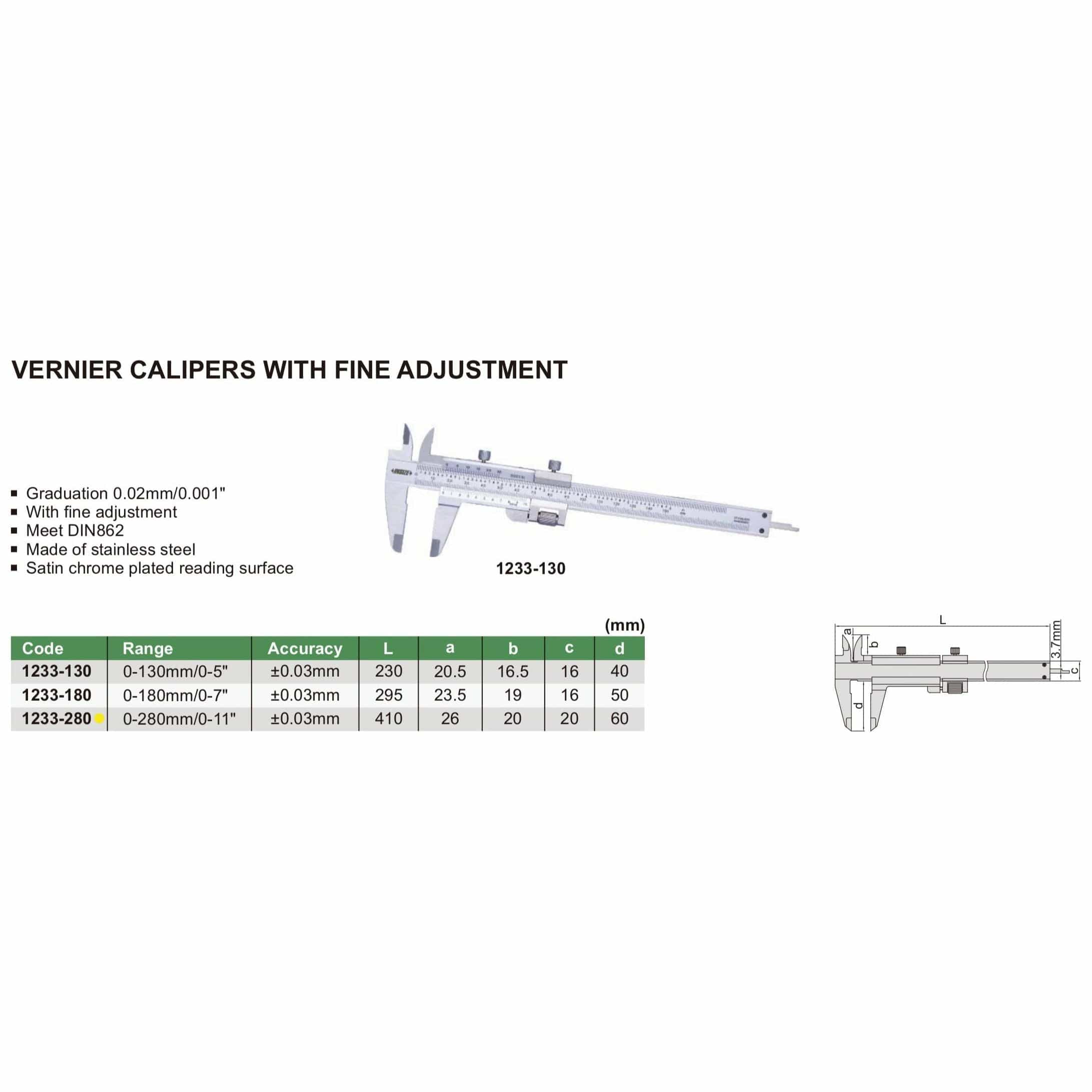 INSIZE Measuring Equipment Insize Vernier Caliper 0-280mm/0-11" Range Series 1233-280