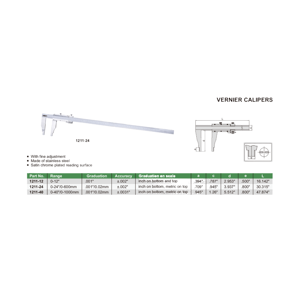 INSIZE MEASURING EQUIPMENT Insize Vernier Caliper 0–40" Range Series 1211-40