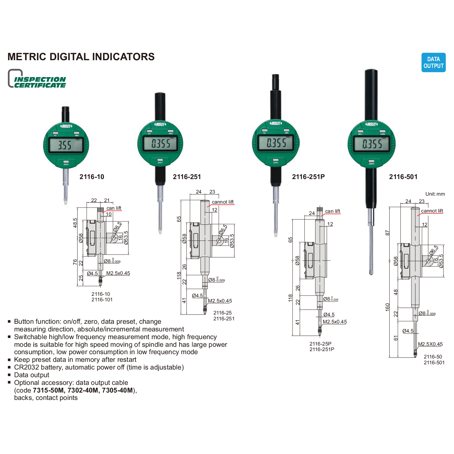 Insize Metric Digital Indicator 12.7mm Range Series 2116-10 - Twin Eagle Imports