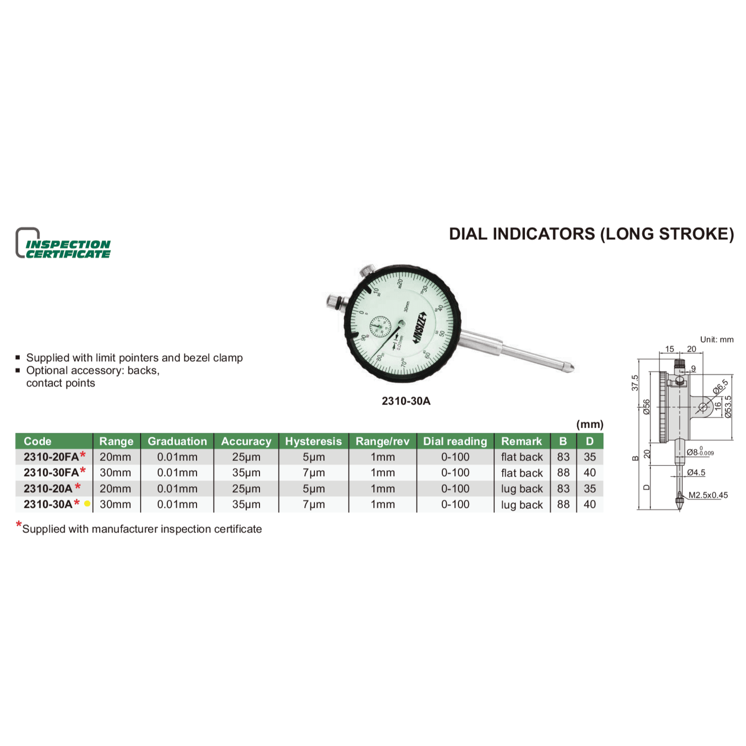 Insize Metric Long Stroke Dial Indicator 30mm Range Series 2310-30A - Twin Eagle Imports