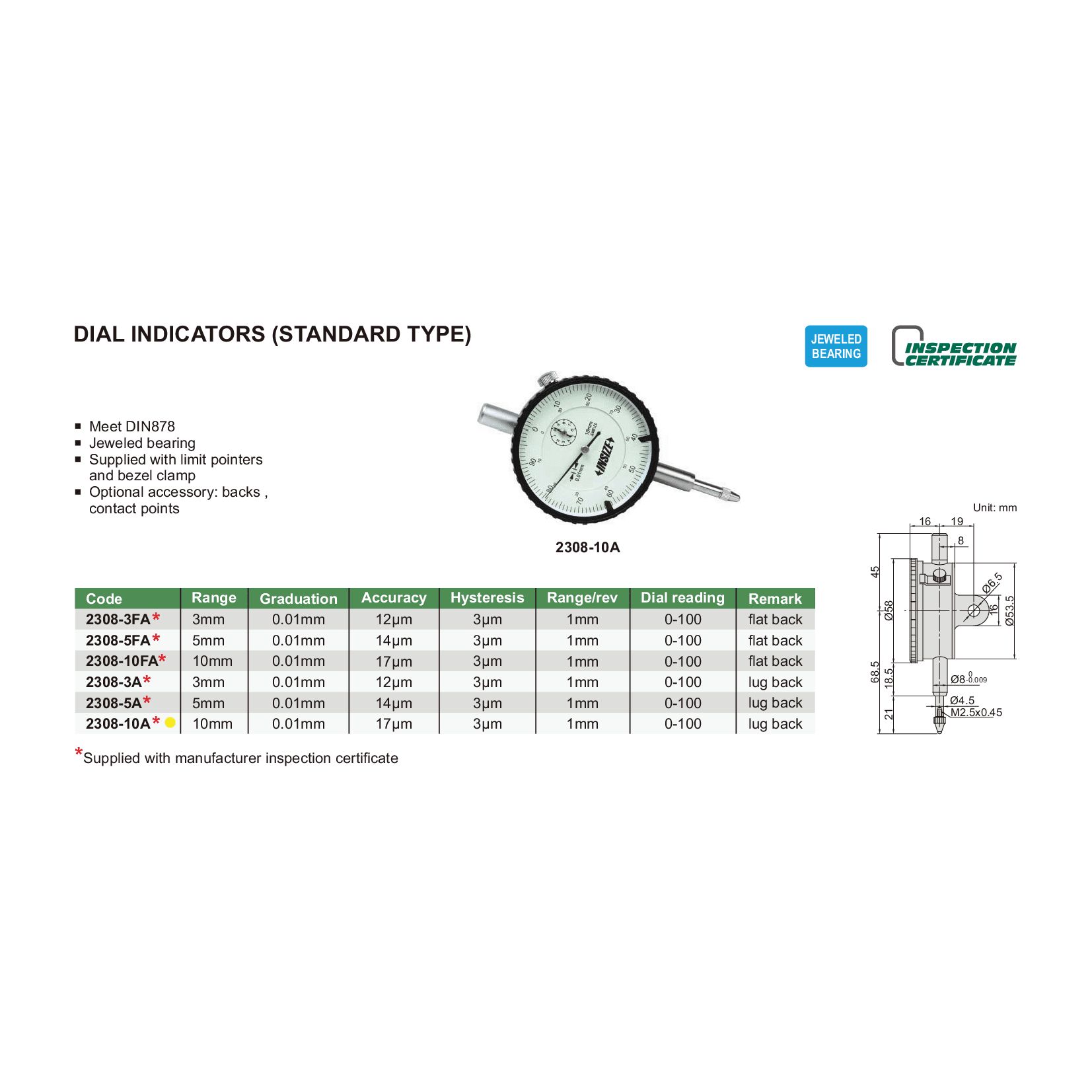 Insize Metric Lug Back Dial Indicator 10mm Range Series 2308-10A - Twin Eagle Imports