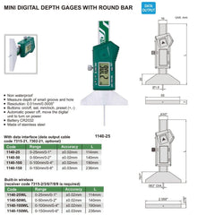 Insize Mini Digital Depth Gauge W/ Round Bar 140mm Range Series 1140-50 - Twin Eagle Imports